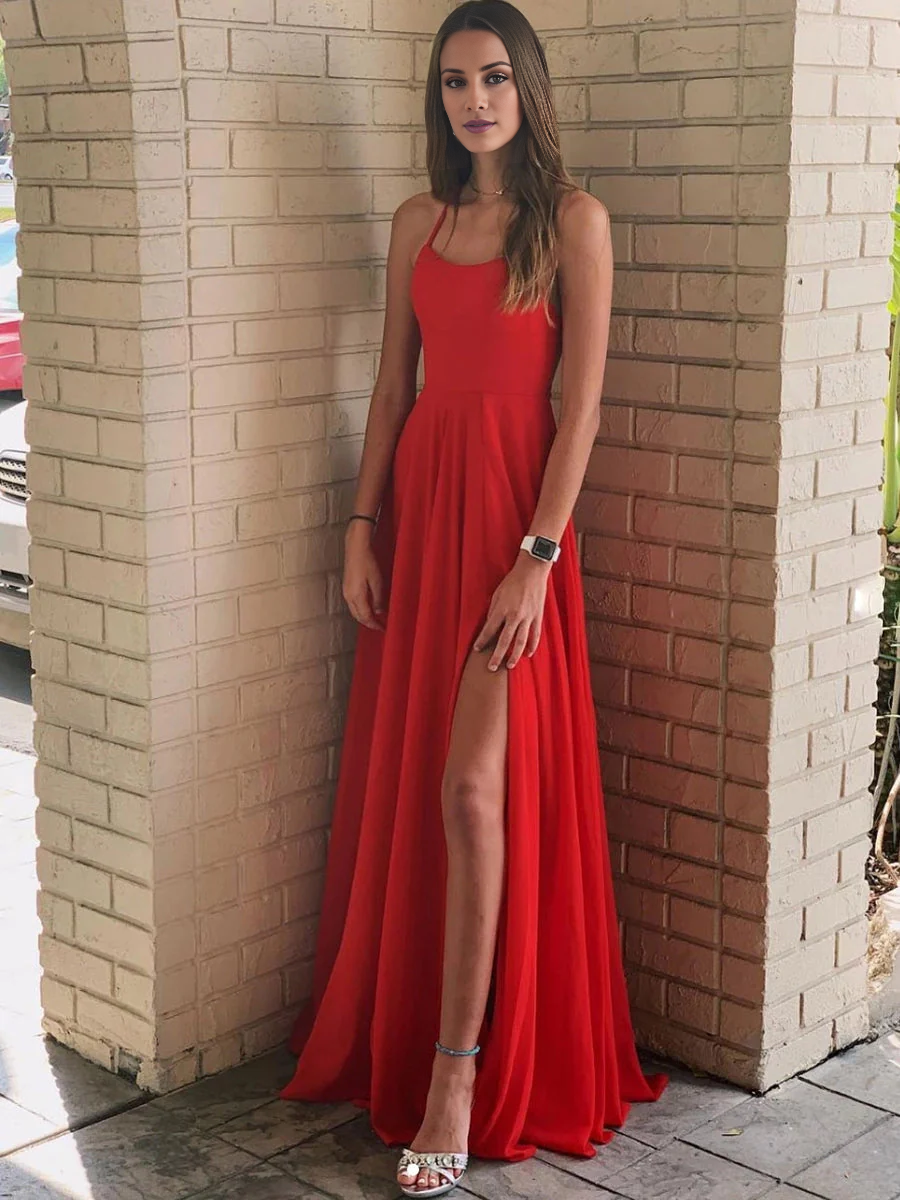 Jimiss minimalist red A-line backless chiffon long Prom dress
