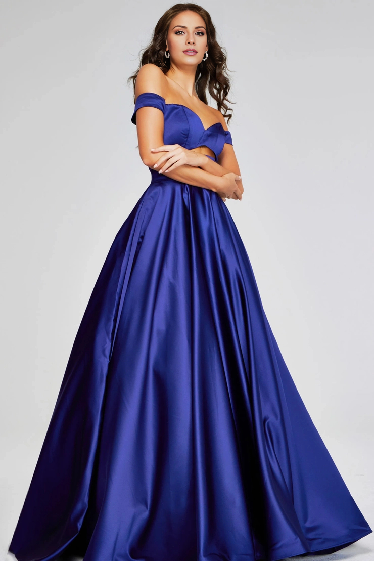 A-line off shoulder satin and floor length evening gown