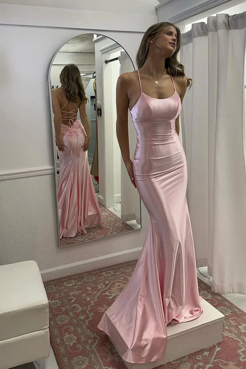 Jimiss Fashion Mermaid Thin Strap Pink Back Cross Long Prom Dress