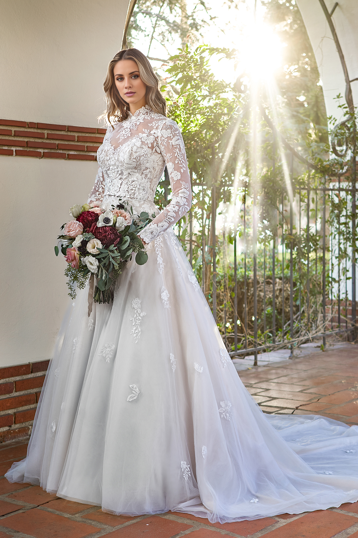 A-line strapless chicken heart collar high neck long sleeved and floor length wedding dress