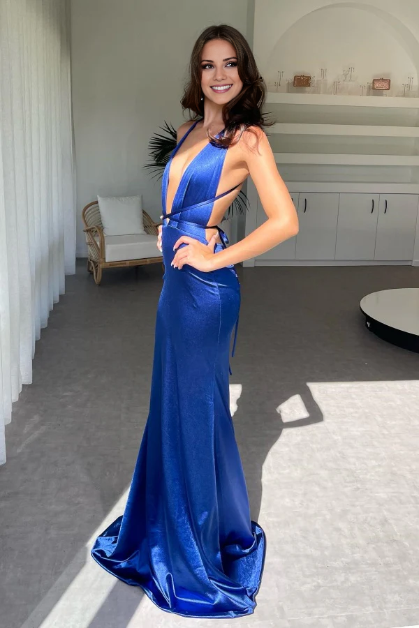 Jimiss mermaid low V-neck backless sleeveless pleated backless floor length ball gown formal evening gown