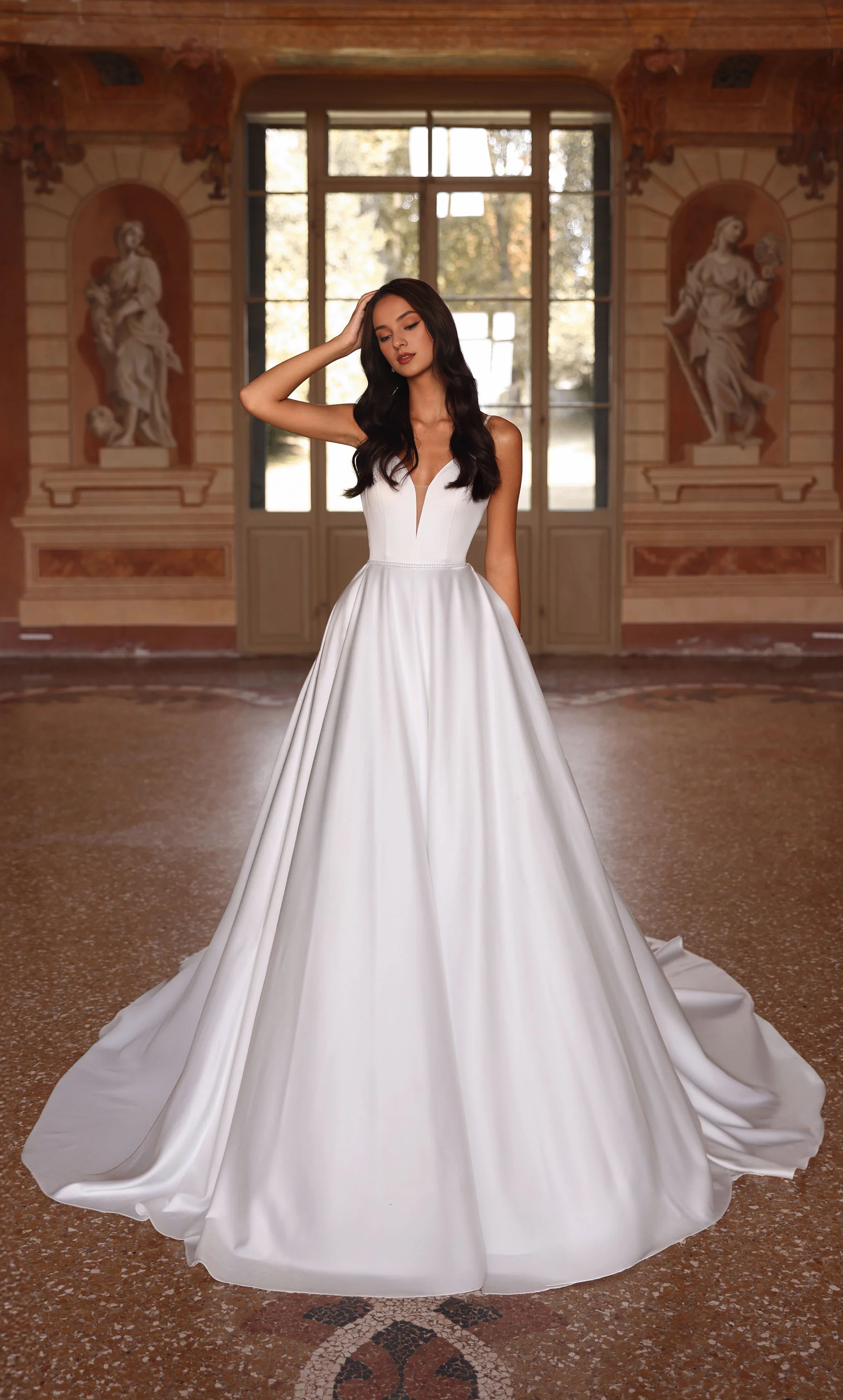 Perfect satin deep V-neck V-shaped back satin button wedding dresses