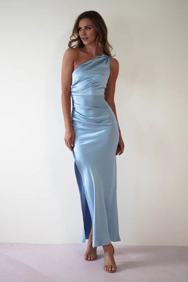 Asymmetric collar satin side slit long Prom dress - Jimiss Dress