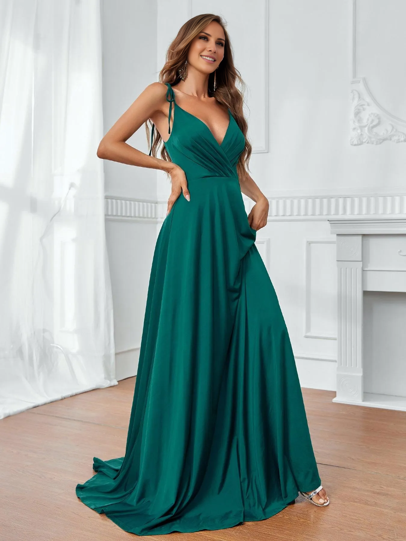 A-line off shoulder collar shoulder strap thin shoulder strap and floor length formal dress