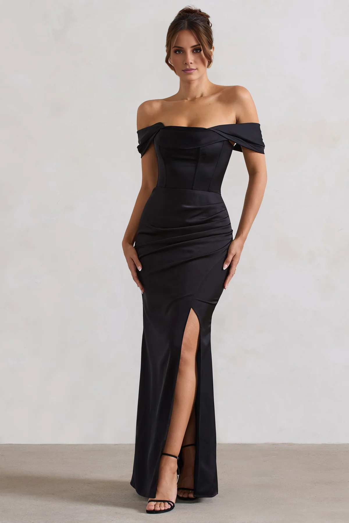 Off shoulder collar satin side slit and floor length evening dress - jimiss dress