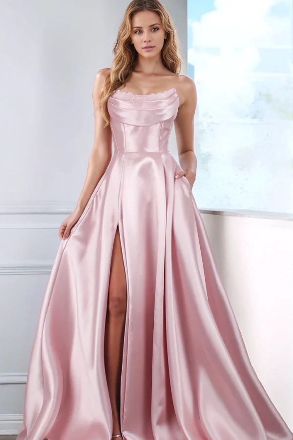 Jimiss Sweet A-line boat neck sleeveless sequin pleated high side slit with trailing tie formal evening gown