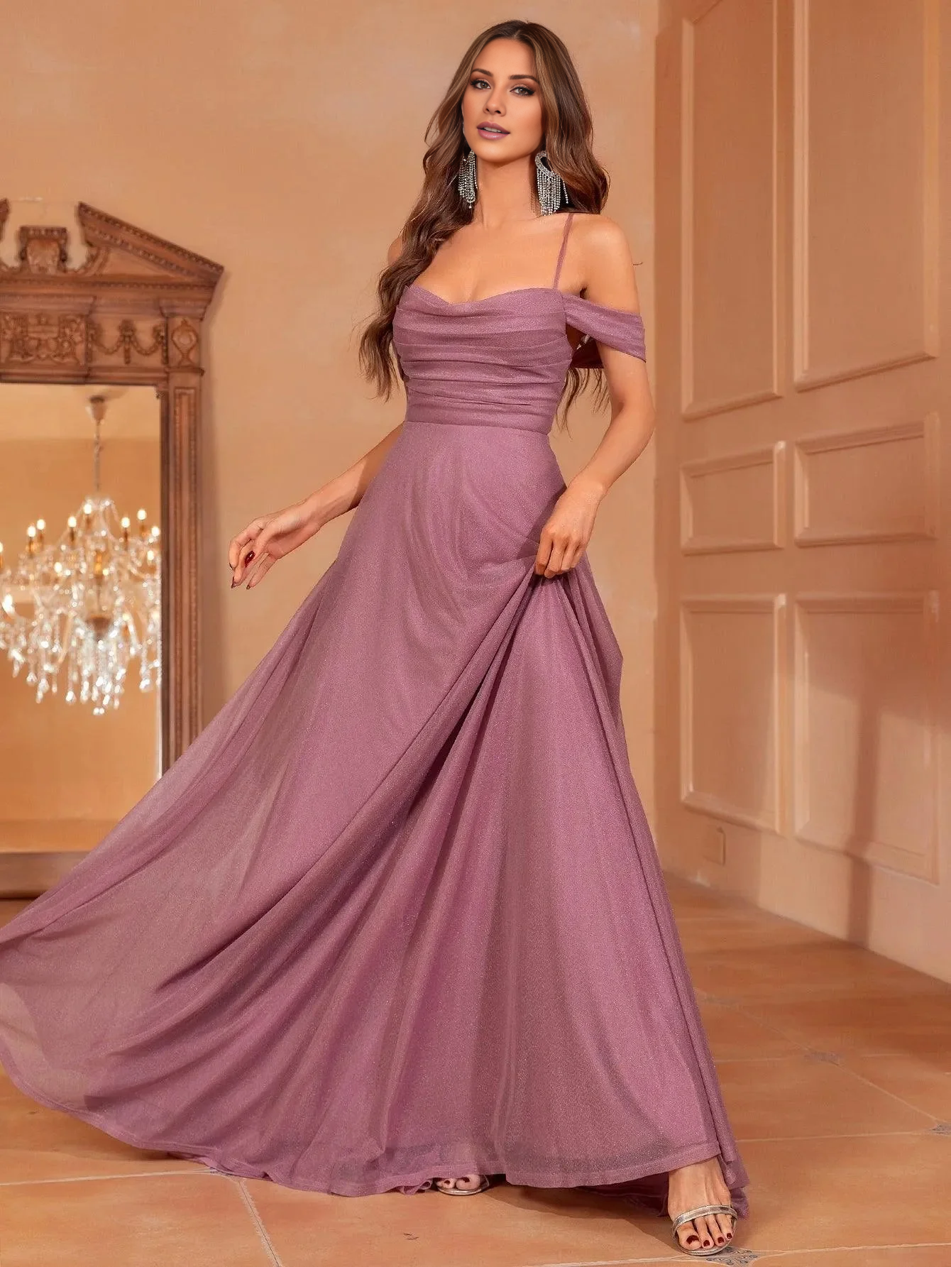 Front pleated lace up thin shoulder strap and floor length formal dress