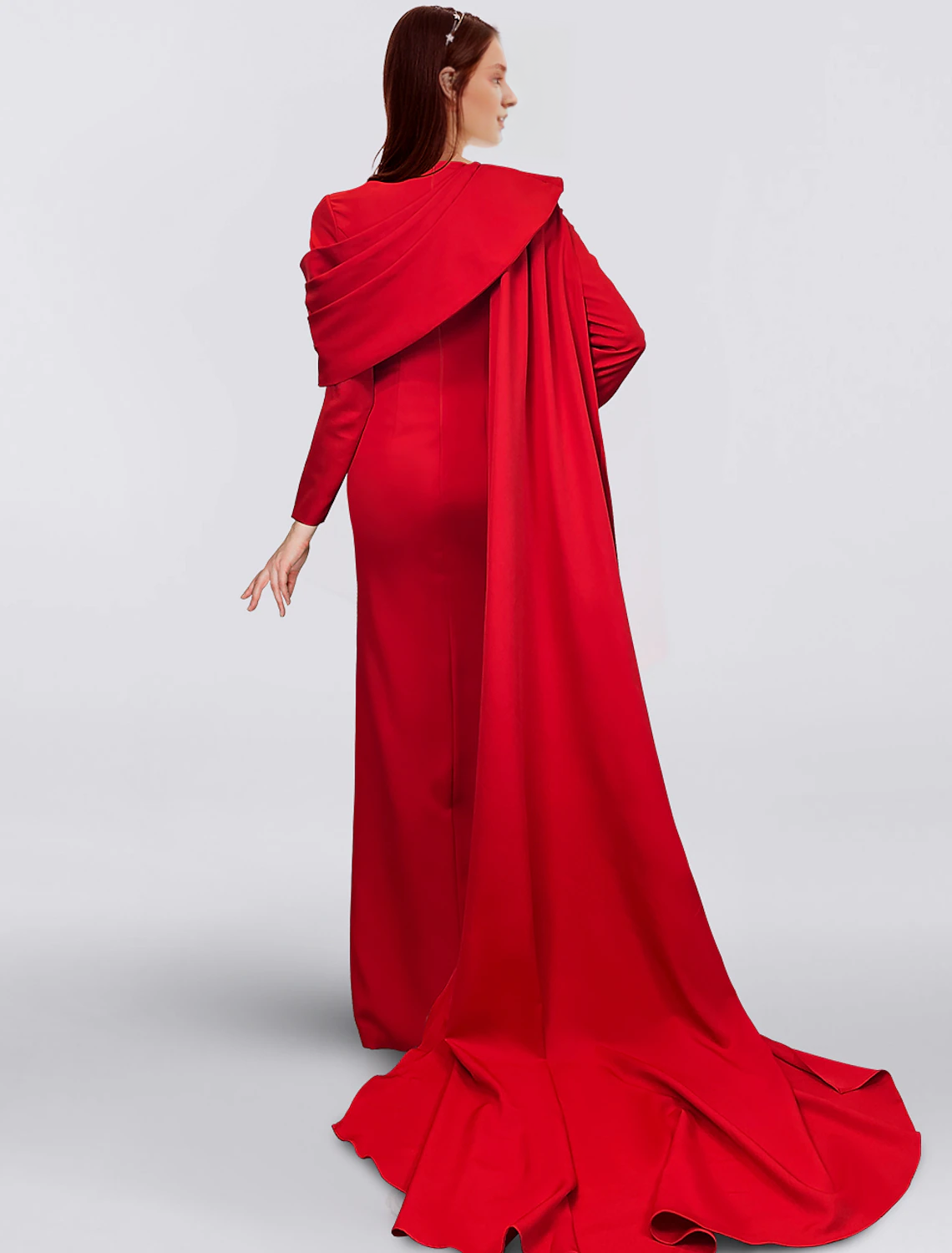 Sheath / Column Red Black Christmas Red Green Dress Evening Gown Elegant Cape Dress Formal Fall Sweep / Brush Train Long Sleeve Cowl Neck  Fabric with Buttons Slit 2025