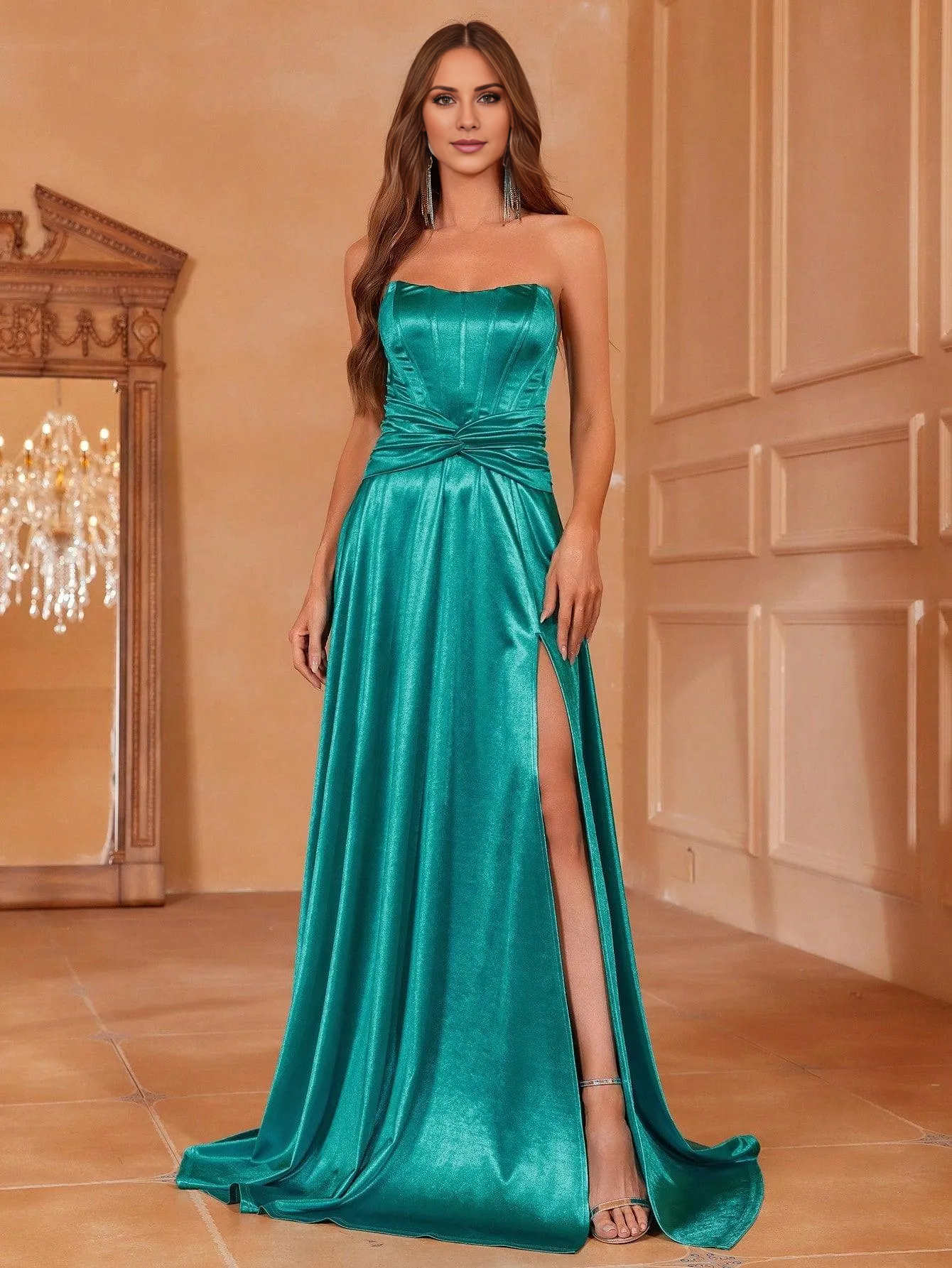 Twisted pleat front slit thigh satin strapless and floor length formal dress