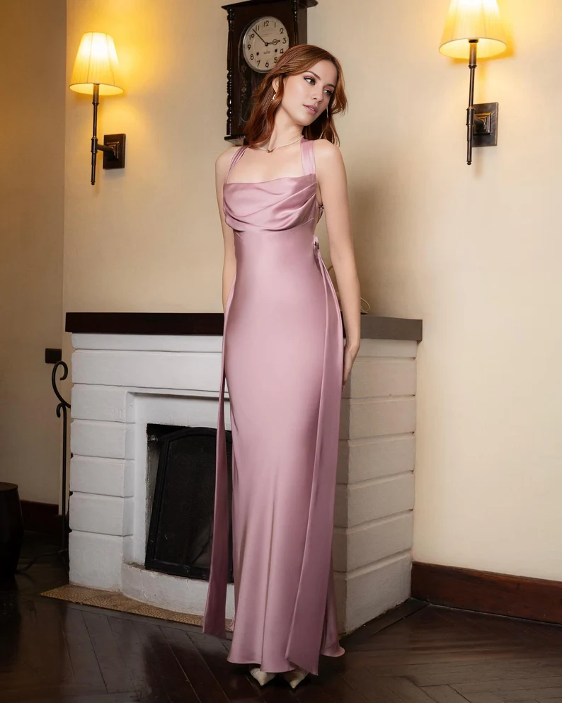 Jimiss - Hanging neck collar satin and floor length Prom dress