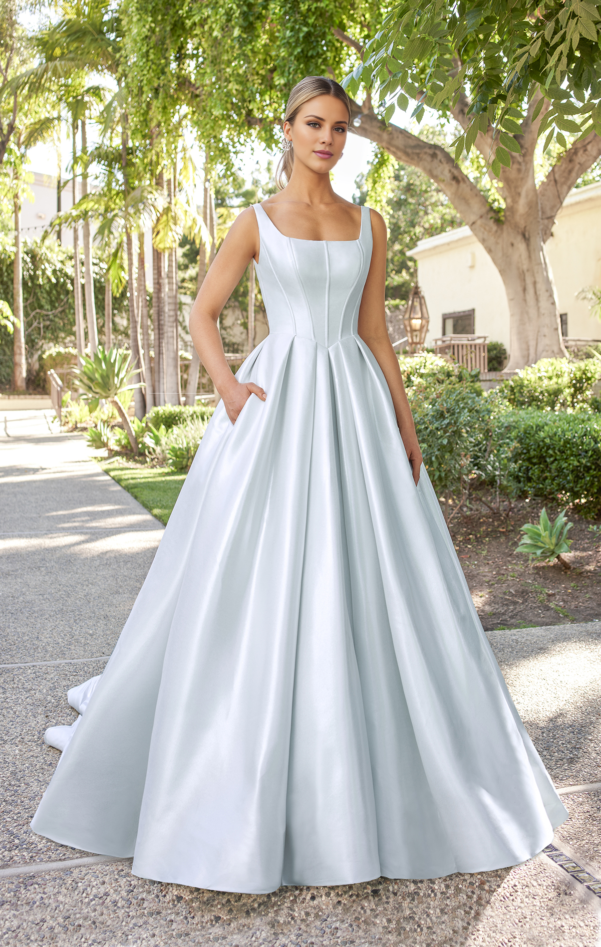 A-line satin square neck tight corset and floor length wedding dress
