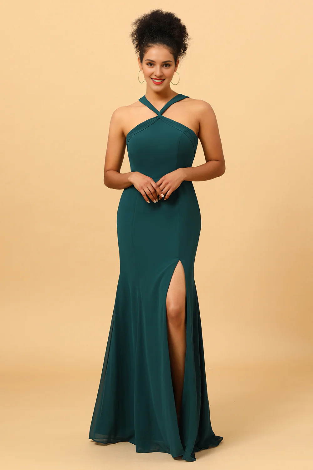 Pine mermaid hanging neck long chiffon slit bridesmaid dress