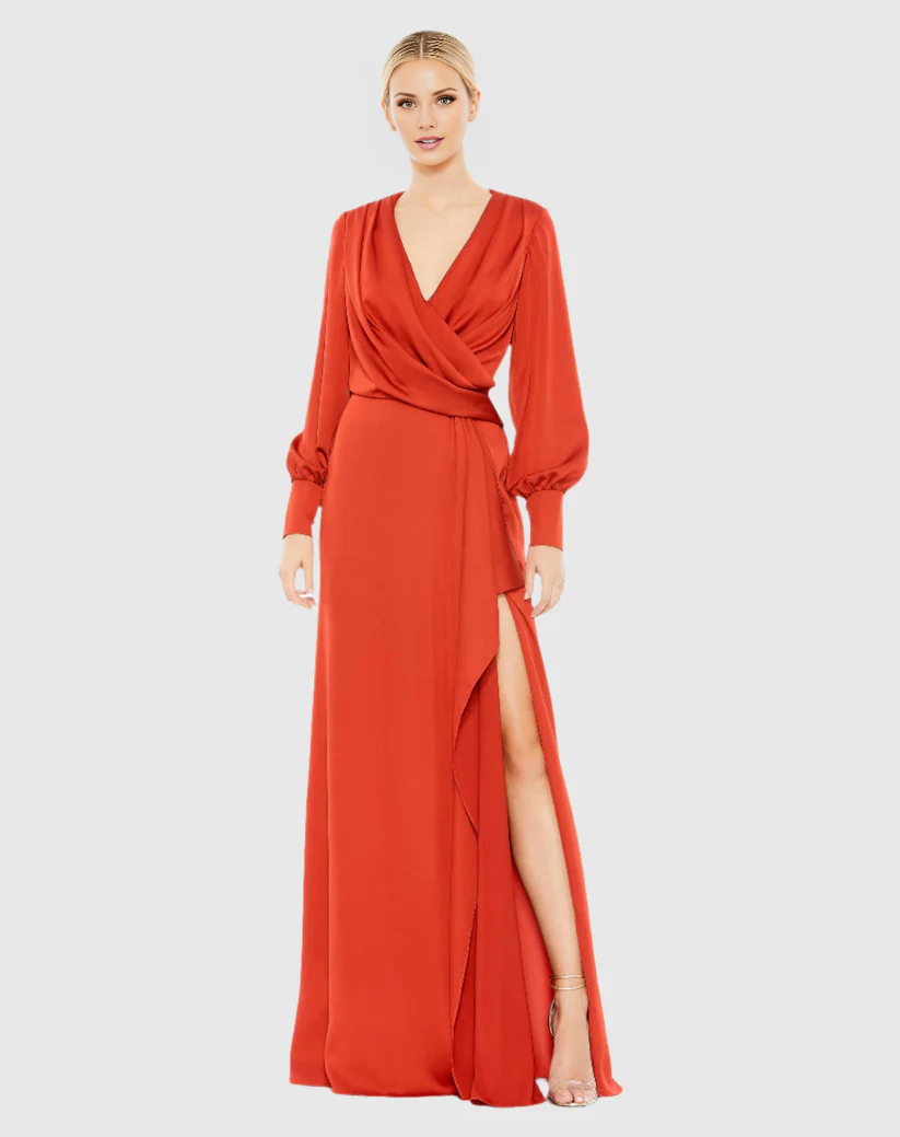 A-line V-neck long sleeve side slit floor-length evening dress