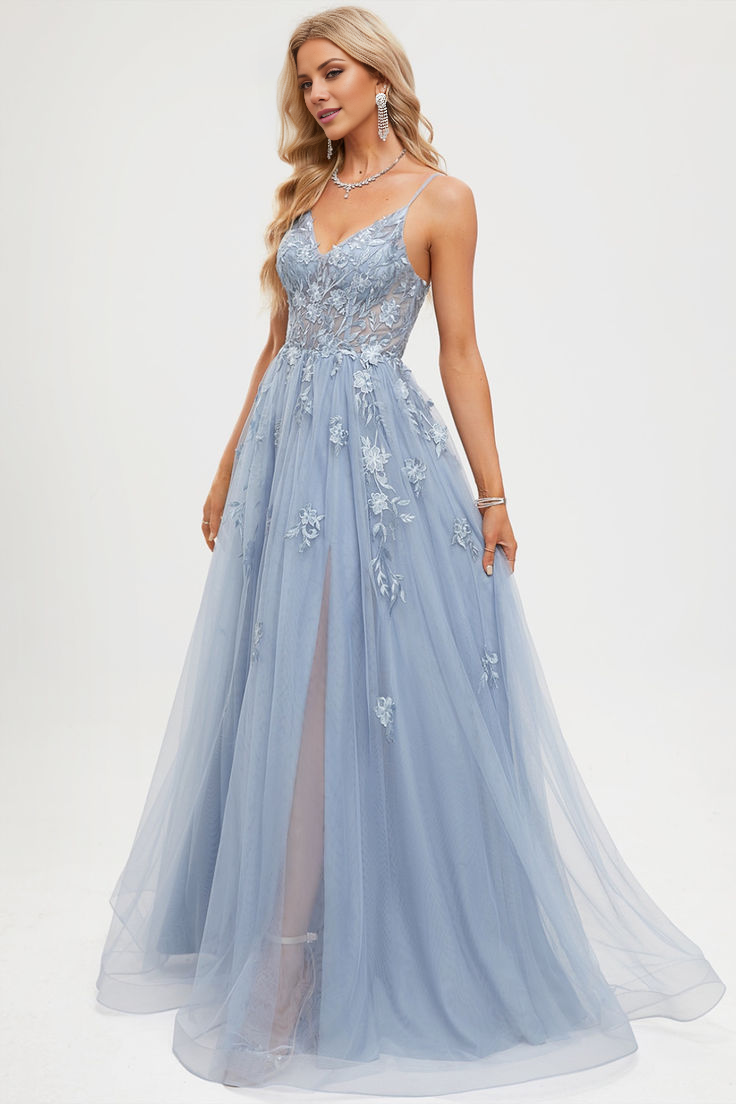 A-line V-neck thin shoulder strap and floor chiffon evening gown