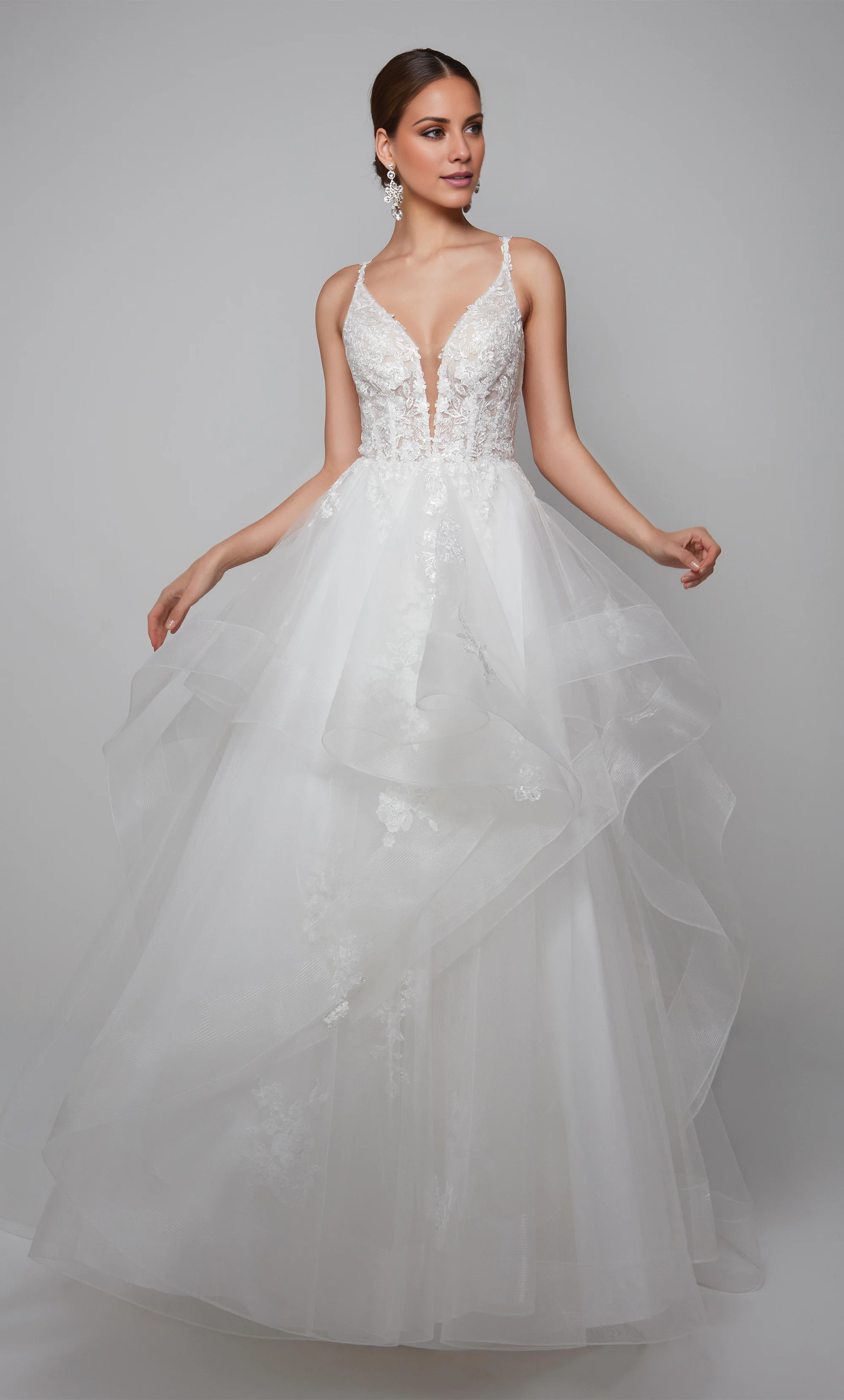 Thin gauze lace deep V-neck tied back transparent tight corset and floor length wedding dresses