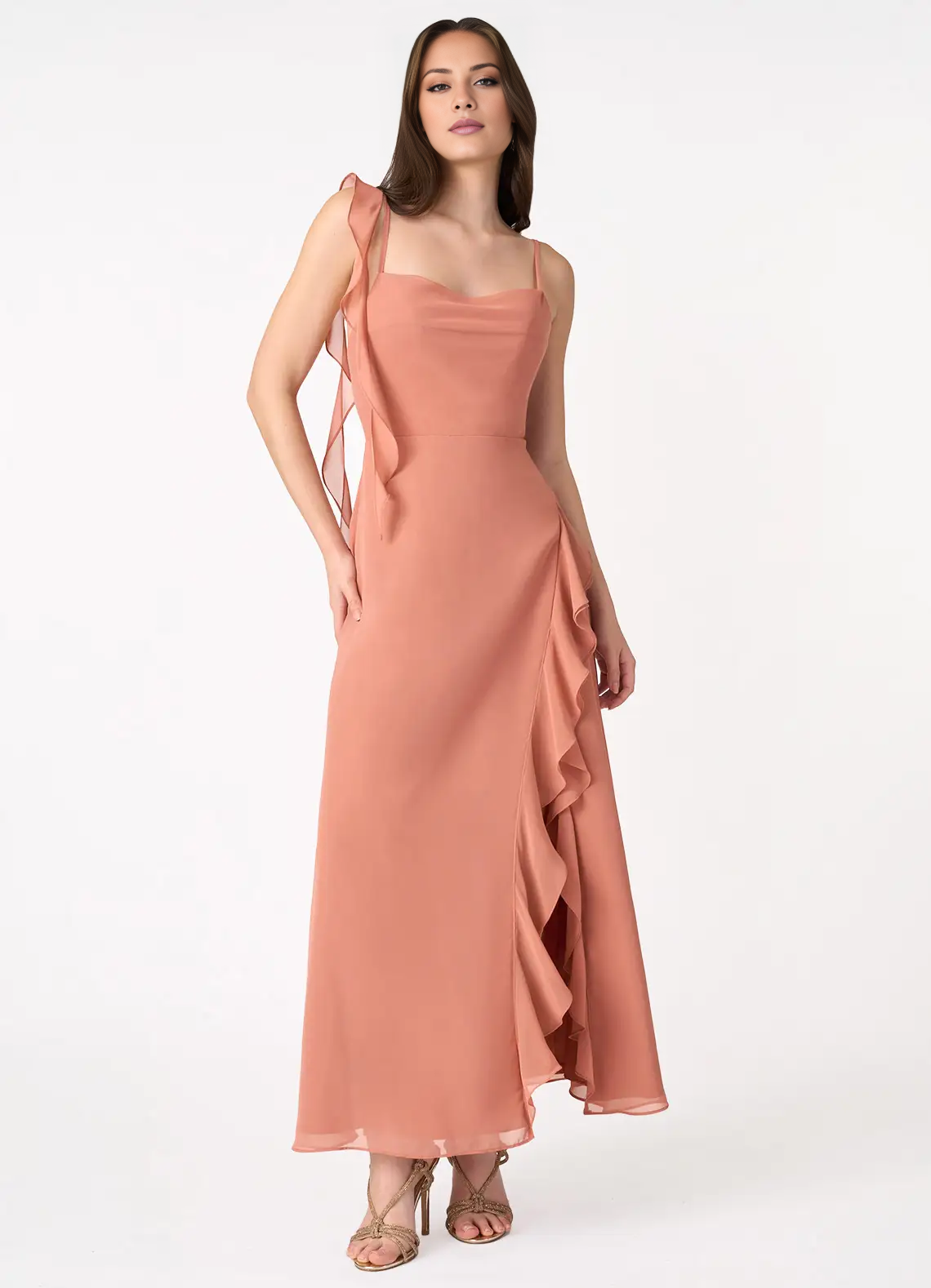 Jimiss slim shoulder chiffon asymmetrical ruffle edge side slit and floor length Prom dress