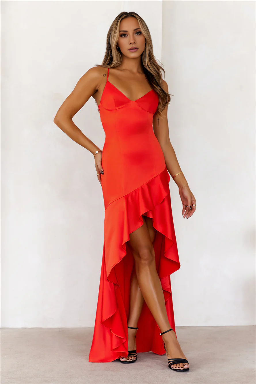 Jimiss V-neck slim shoulder strap with ruffle edge design Prom dress