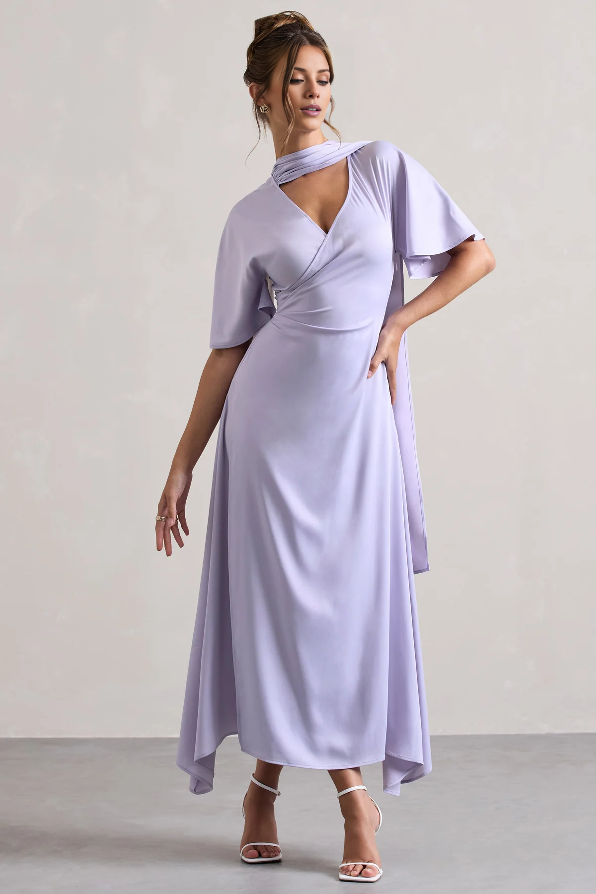 V-neck asymmetrical lotus leaf sleeves long evening dress - jimiss Dress