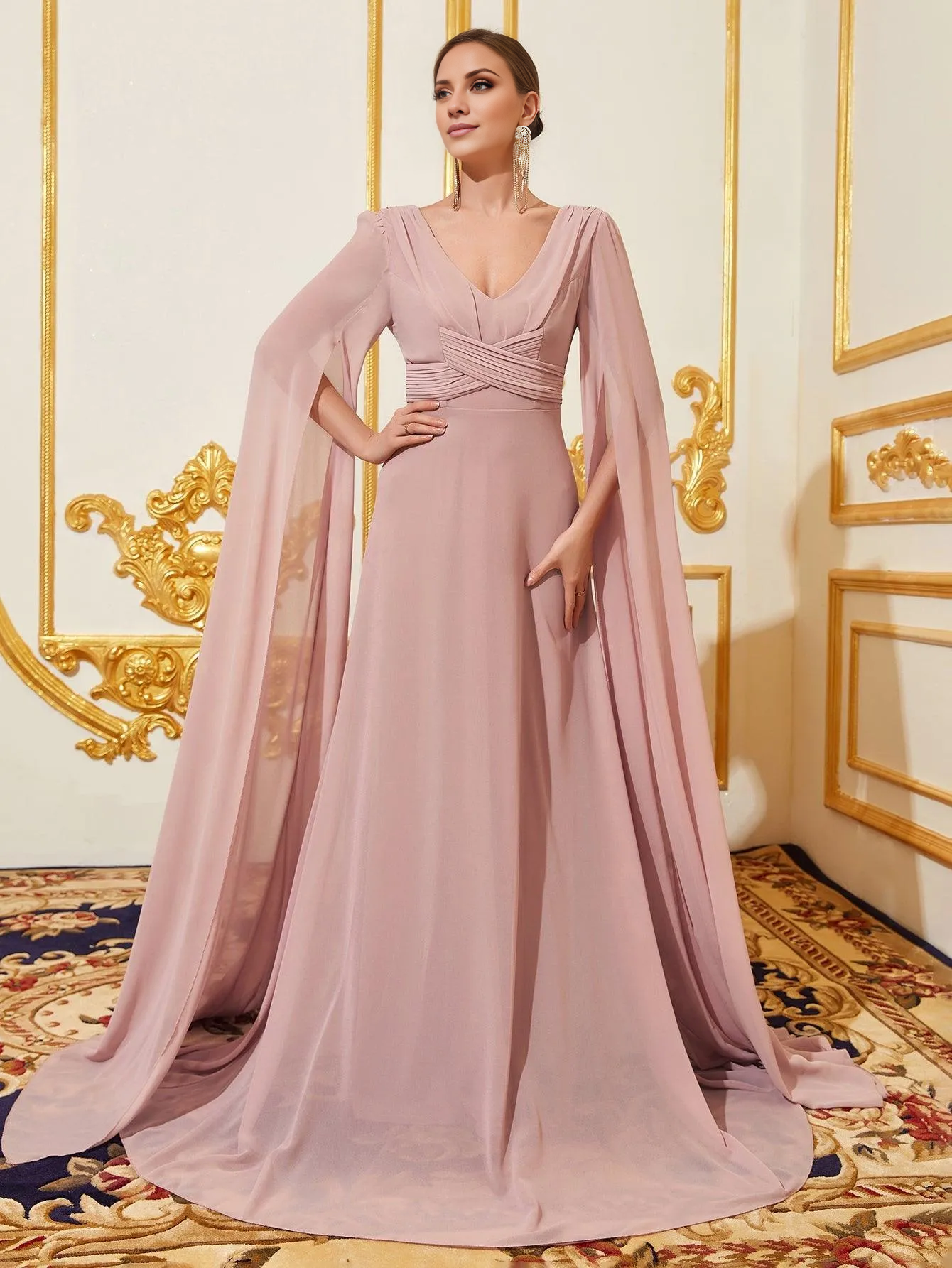 V-neck pleated exaggerated sleeves chiffon and floor length formal dress