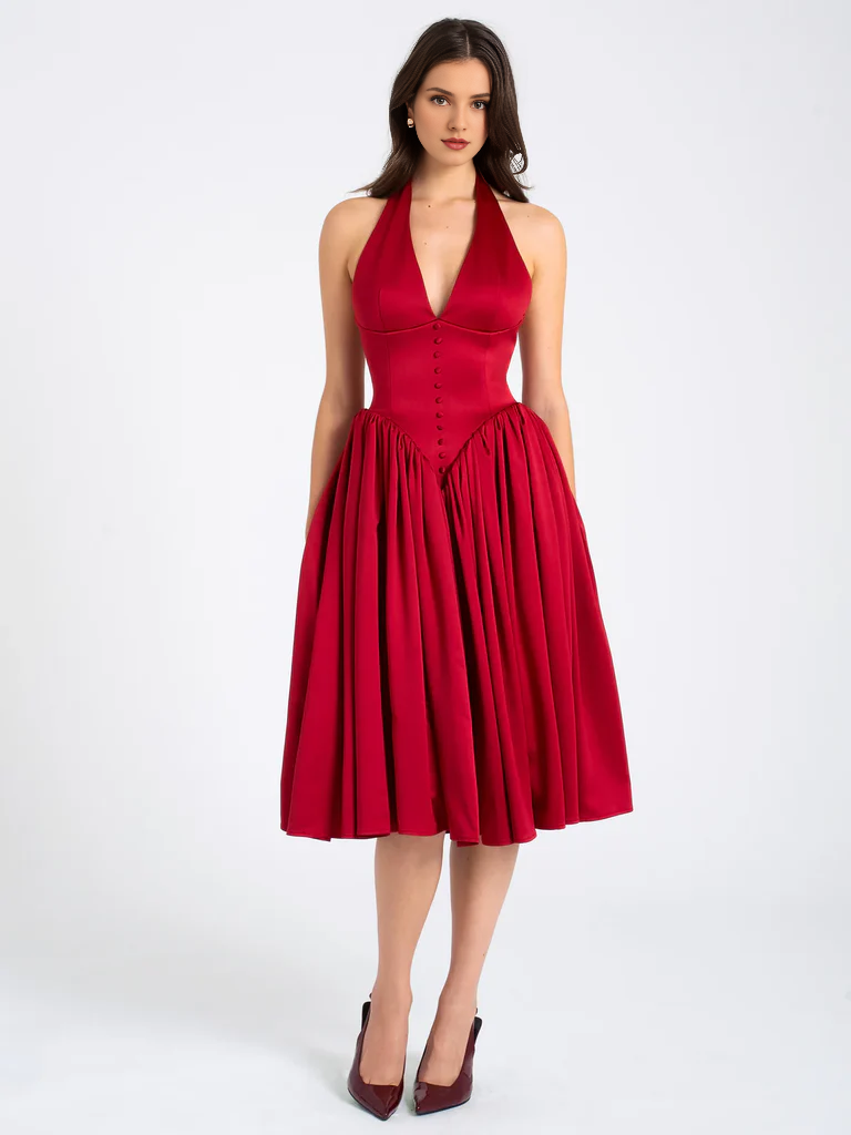 Red deep V-neck hanging backless long evening gowns
