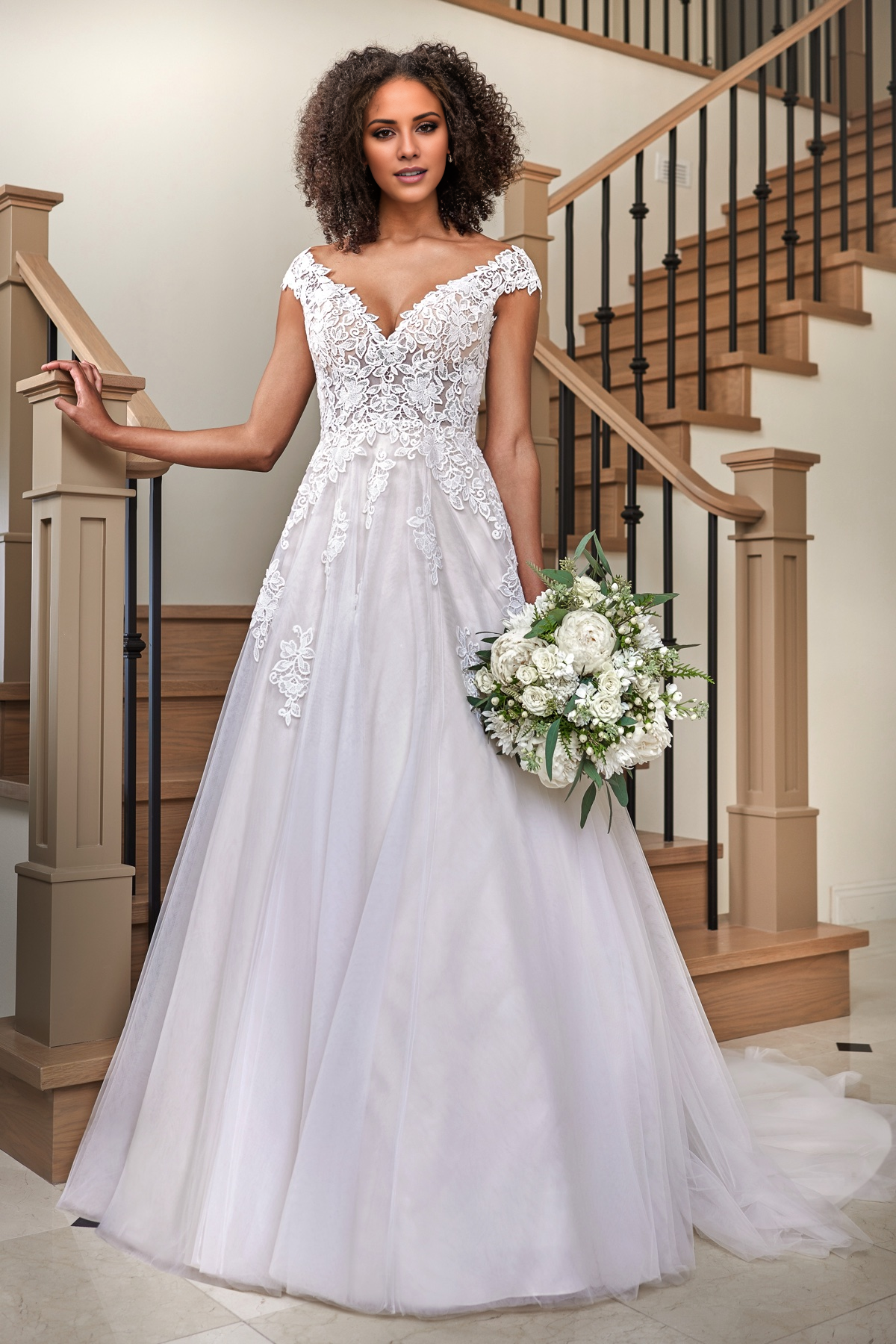 A-line off shoulder V-neck sheer and floor length wedding dress