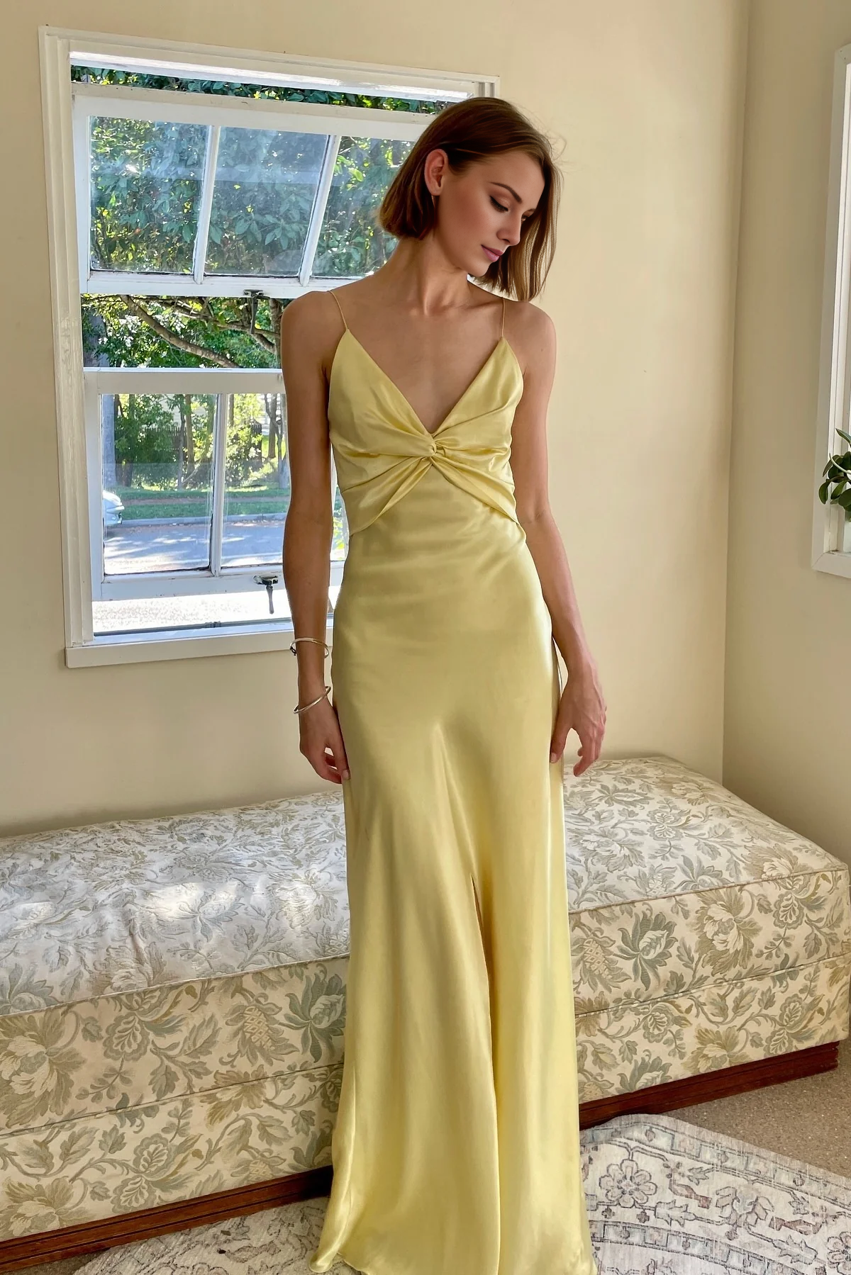 Jimiss chic yellow thin shoulder strap long Prom dress