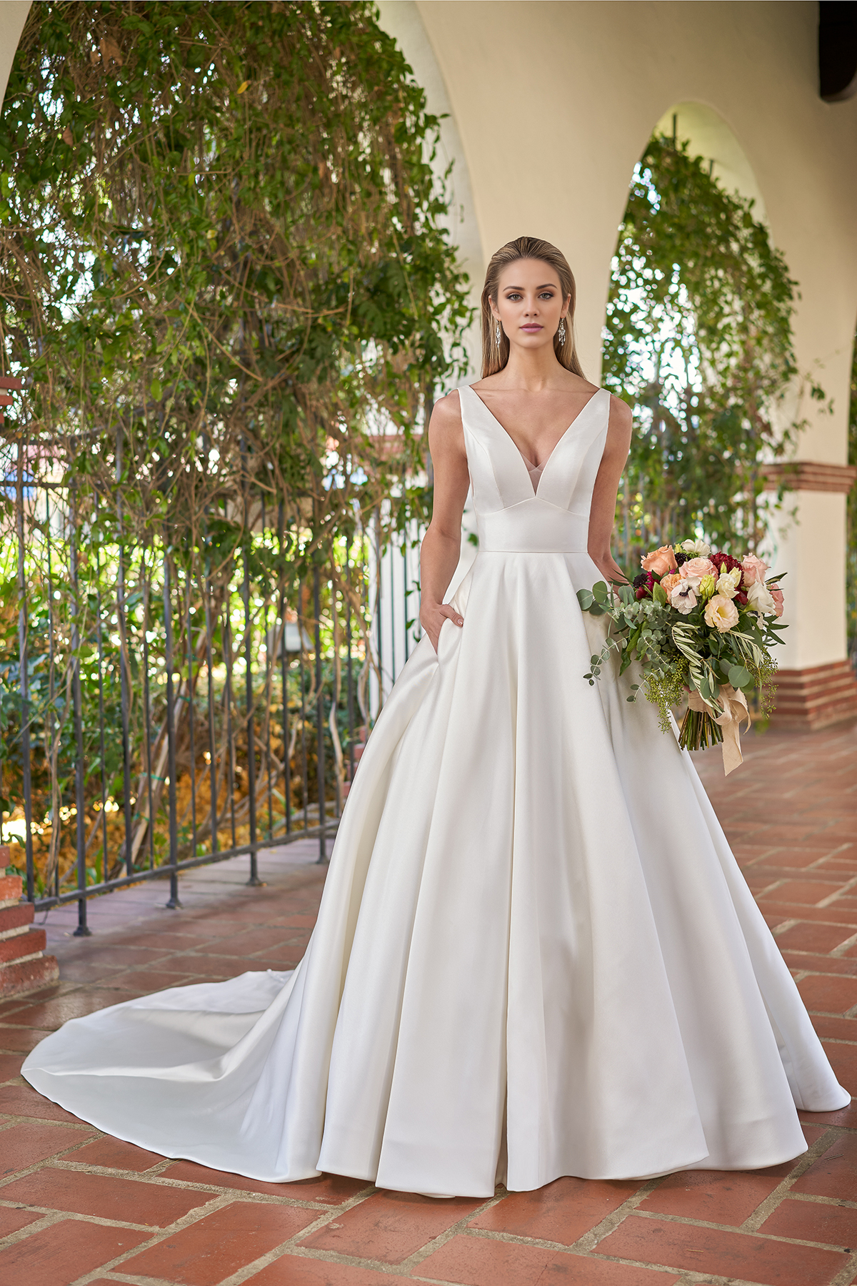 A-line V-neck satin high waisted and floor length wedding dress
