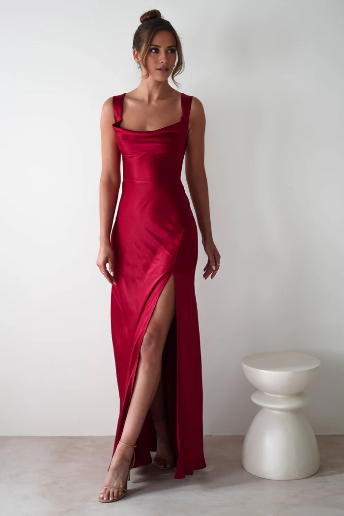 Square neckline satin side slit and floor length Prom dress - Jimiss Dress