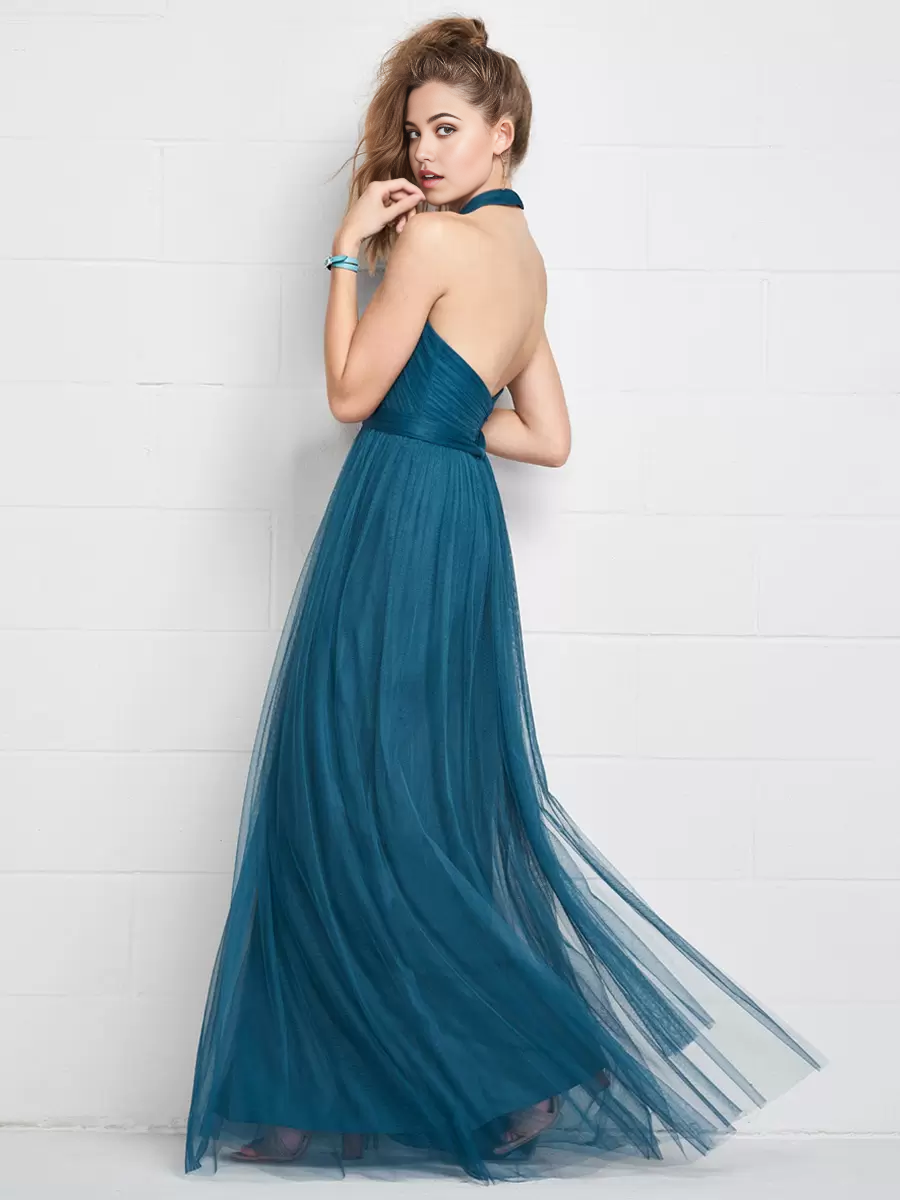 A-Line Halter Open Back Ruched Tulle Wedding Party Dresses formal dresses evening gown Bridesmaid Dress