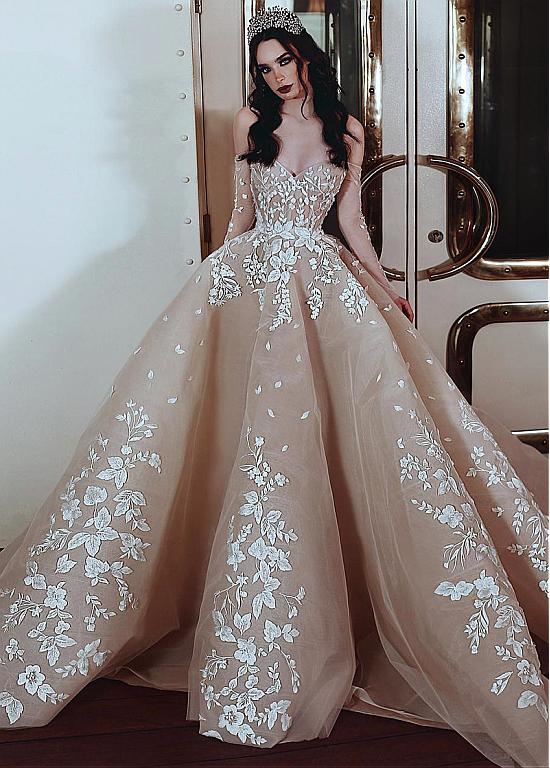Tulle Off-the-shoulder Champagne Beading Ball Gown Wedding Dress