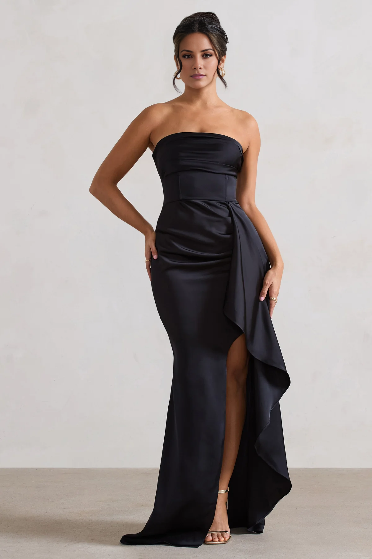Lotus leaf edge hanging black satin strapless slit and floor length evening dress - Jimiss dress