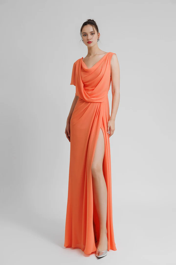 Asymmetric sleeve drape and floor length gown evening dresses