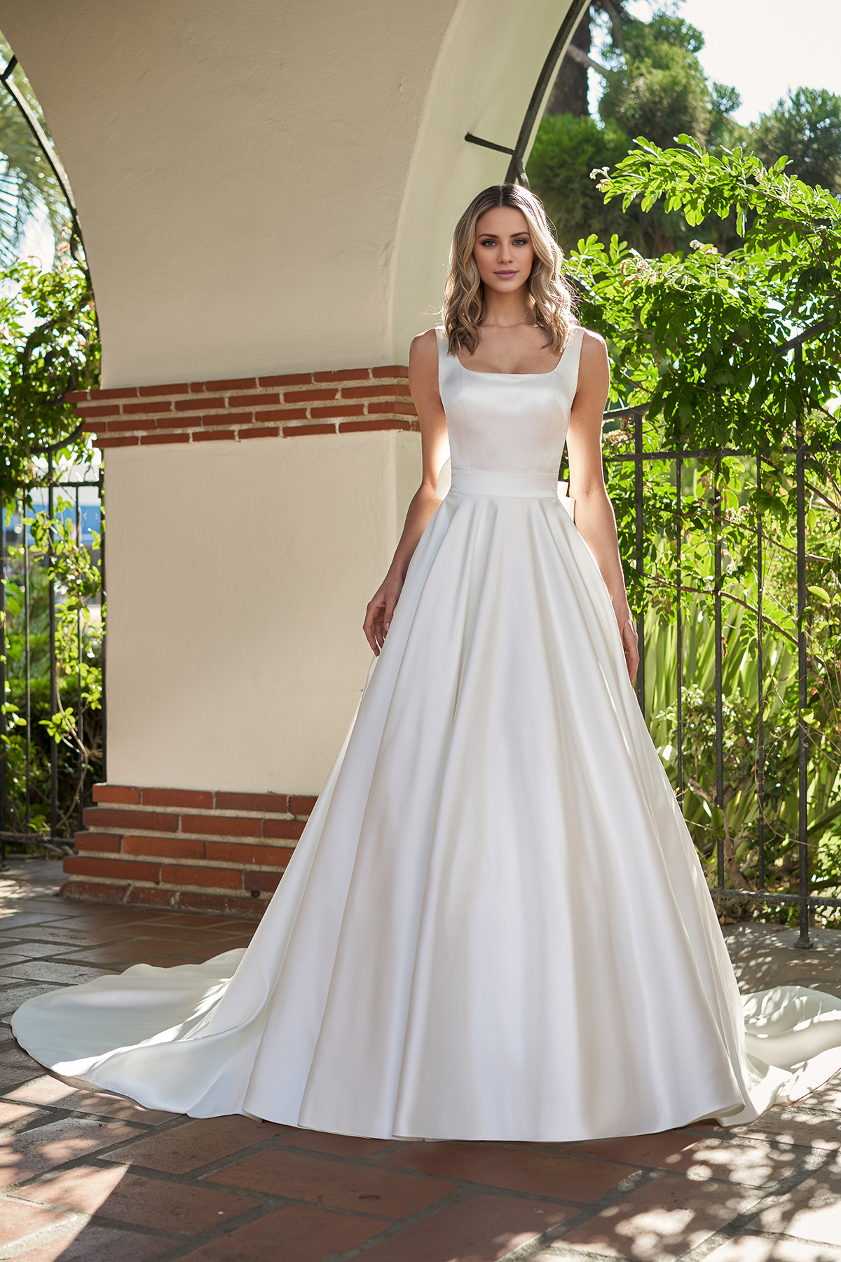 A-line satin square neck bow and floor length wedding dress