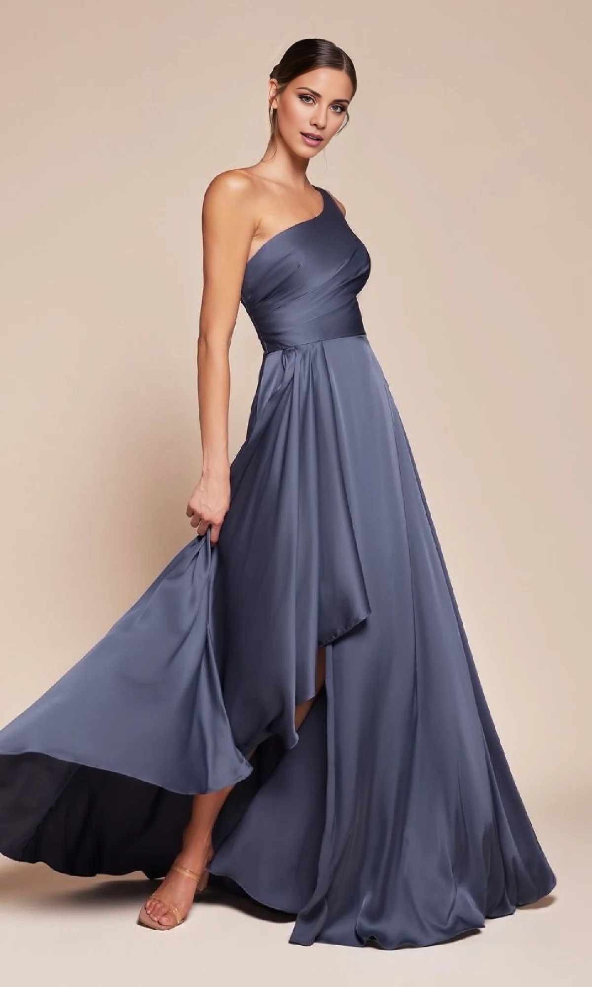 Jimiss A-line satin single shoulder long side slit and floor length evening dress
