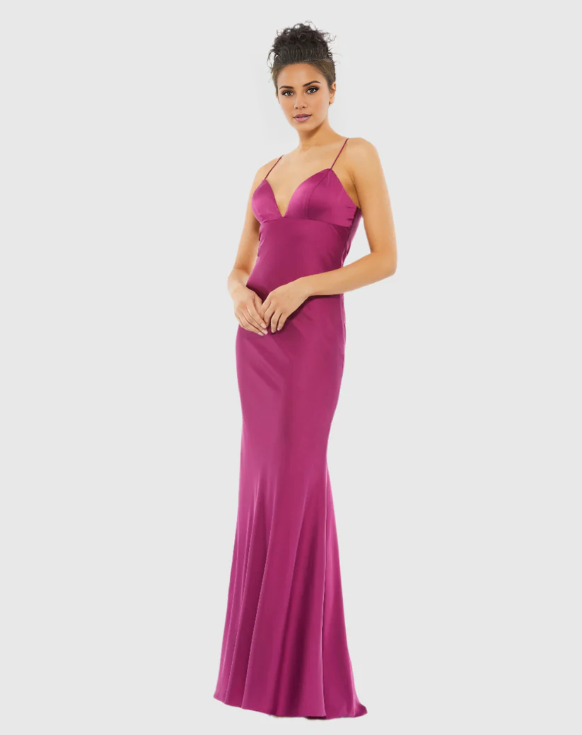 V-neck sleeveless spaghetti strap backless floor-length evening dress