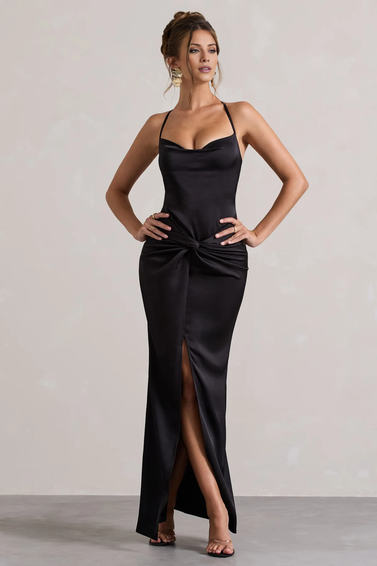 Satin high neck twisted pleat slit and floor length evening dress - Jimiss dress