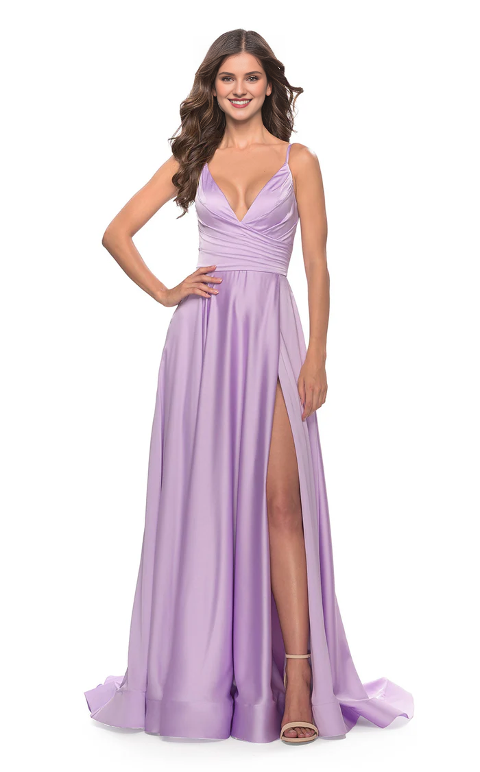 A-line V-neck thin shoulder strap with exposed back side slit and floor length evening dress