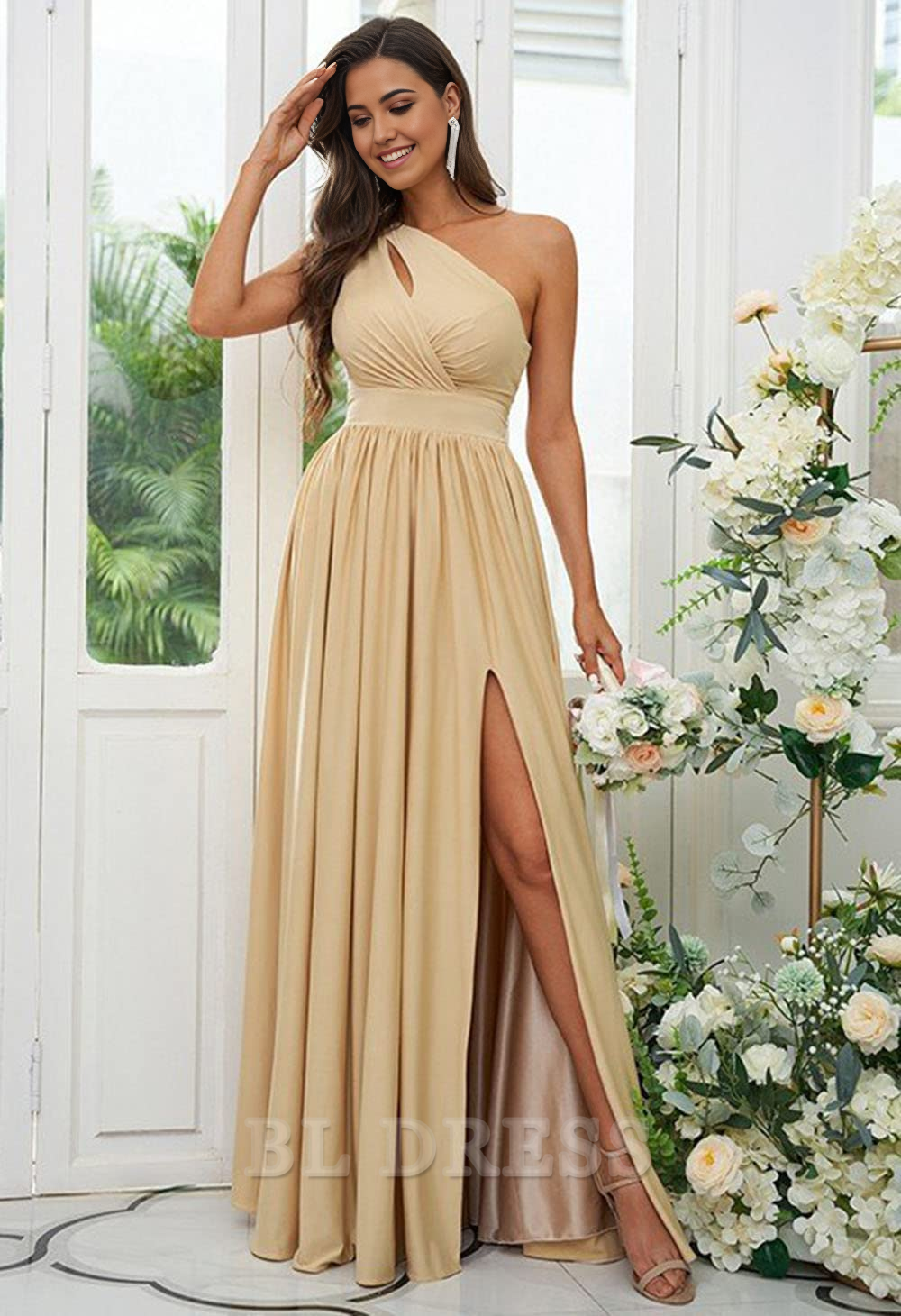 A-line One Shoulder formal dresses evening gown Bridesmaid Dresses with Slit