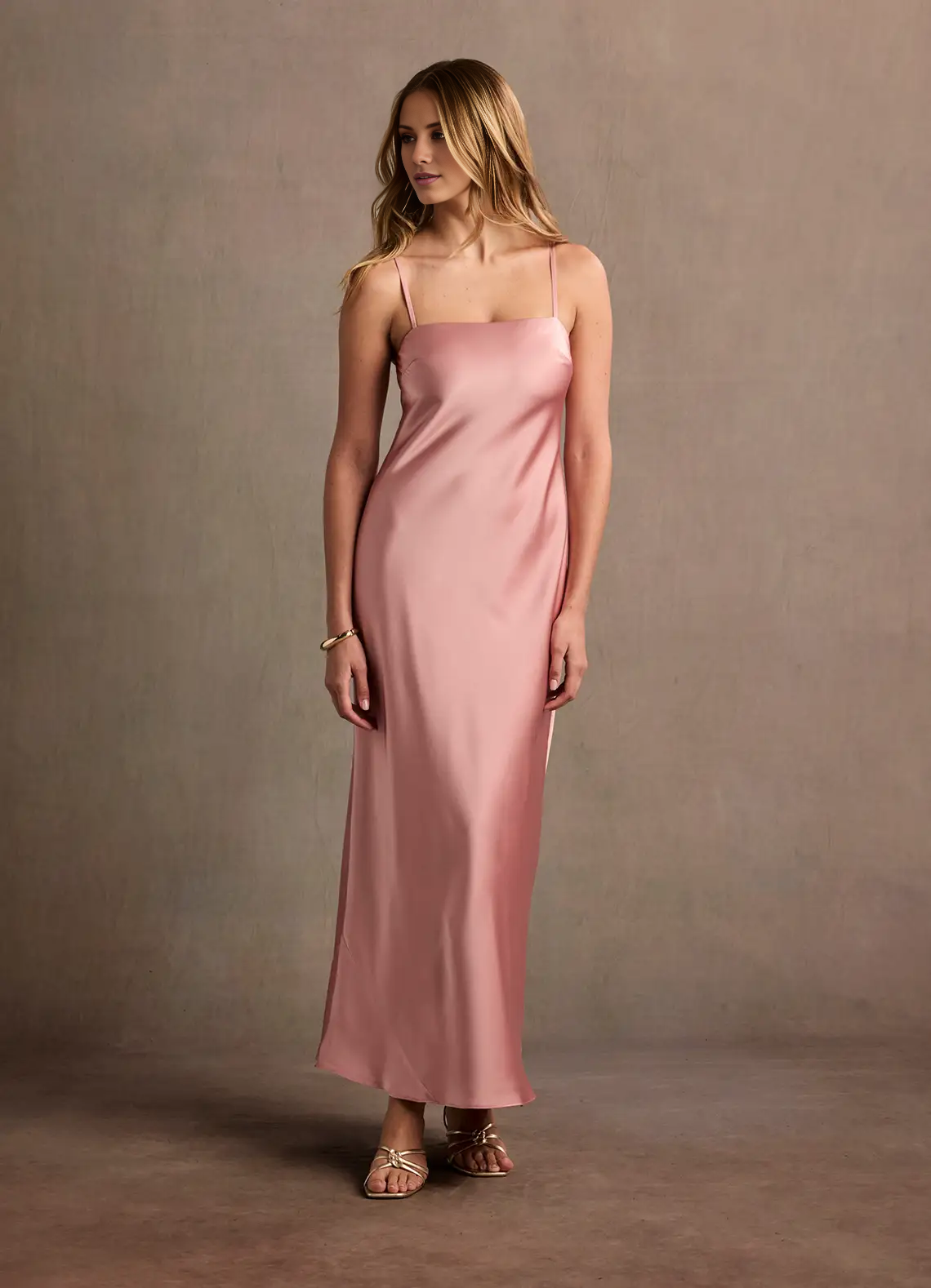 Off shoulder collar thin shoulder strap satin backless long style evening dress