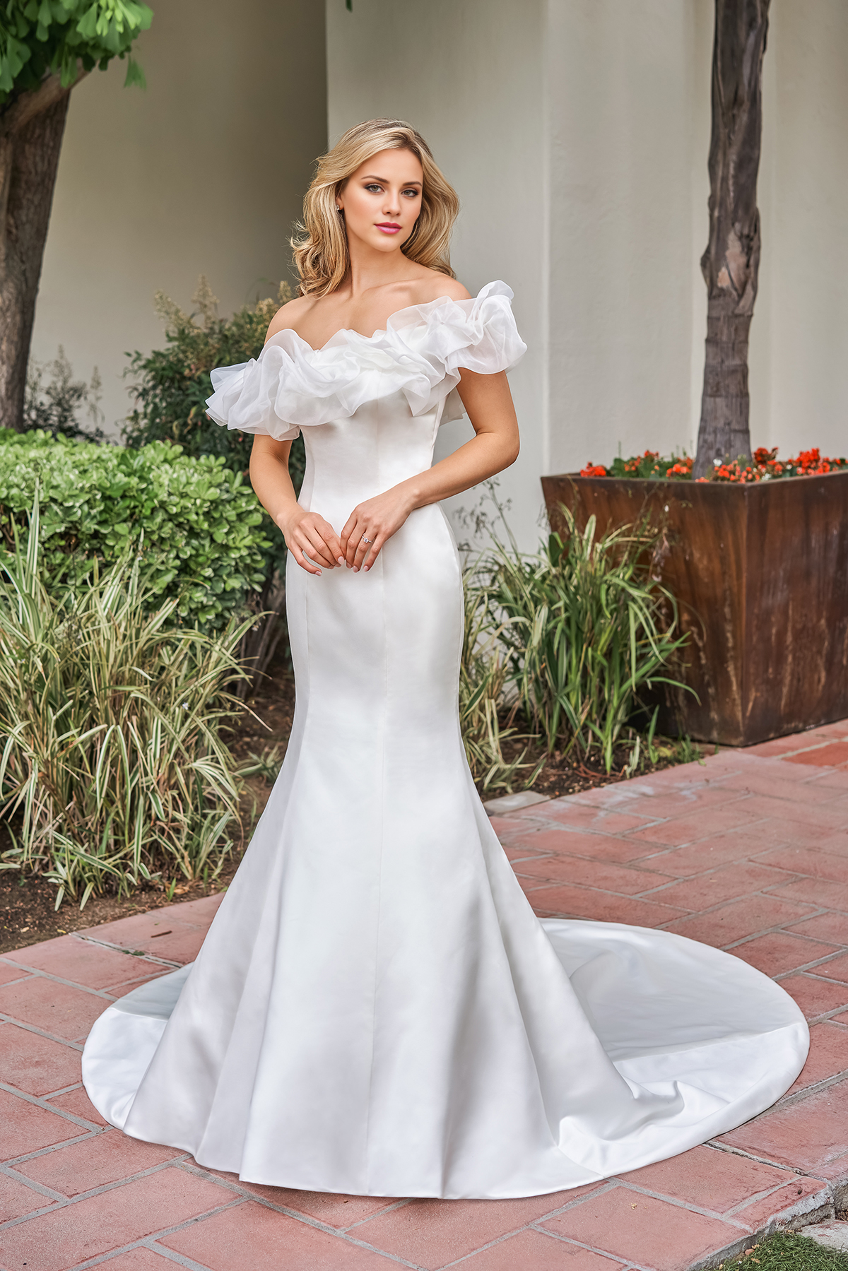Mermaid satin asymmetrical collar and floor length wedding dress