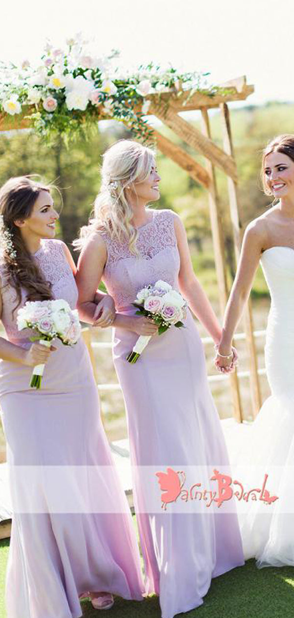 Lilac Lace Mermaid Sleeveless Elegant Long Bridesmaid Dresses,DB114