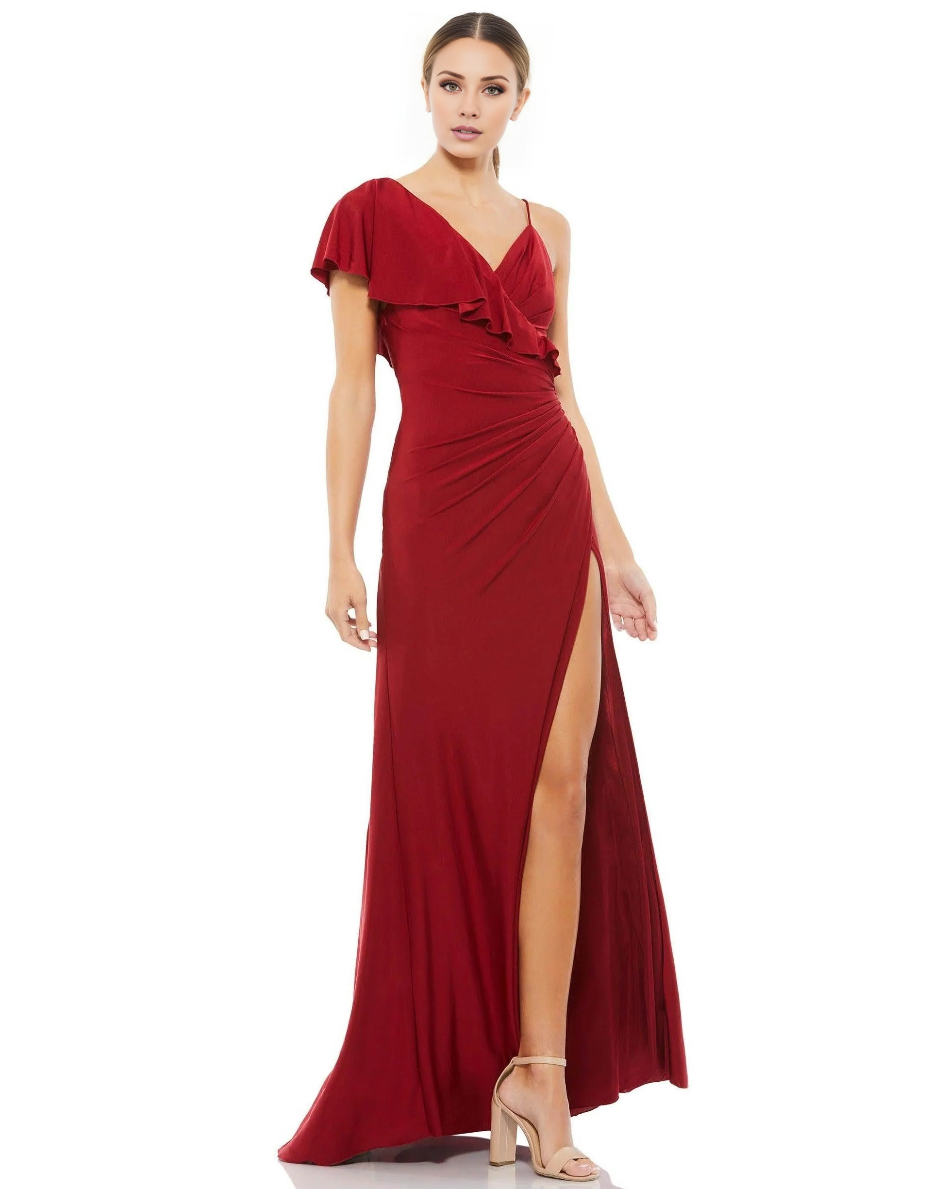Jimiss V-neck pleated asymmetrical ruffle edge and floor length Prom dress