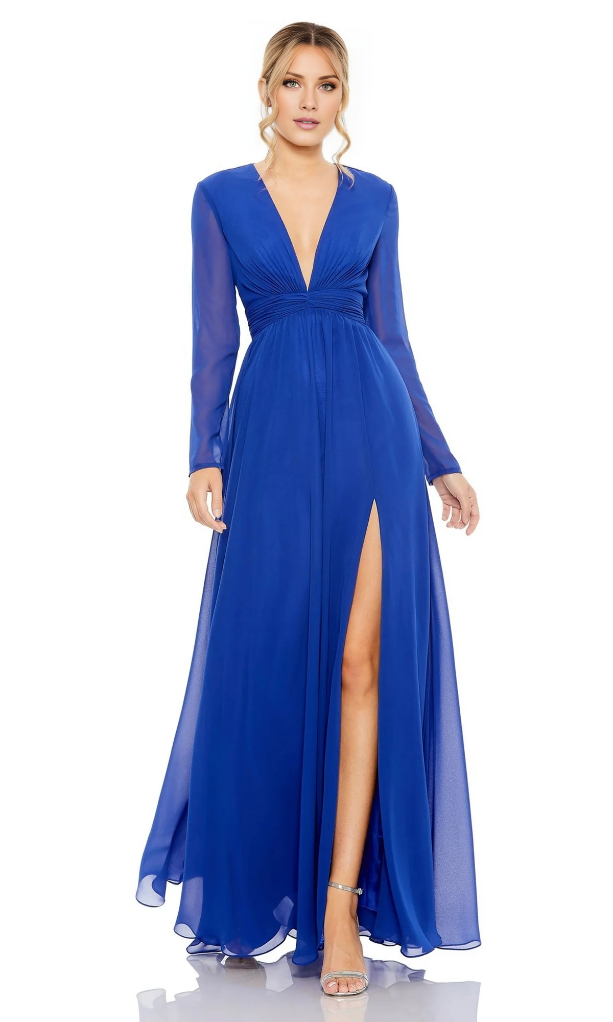 Jimiss V-neck long sleeved side slit and floor length evening dress
