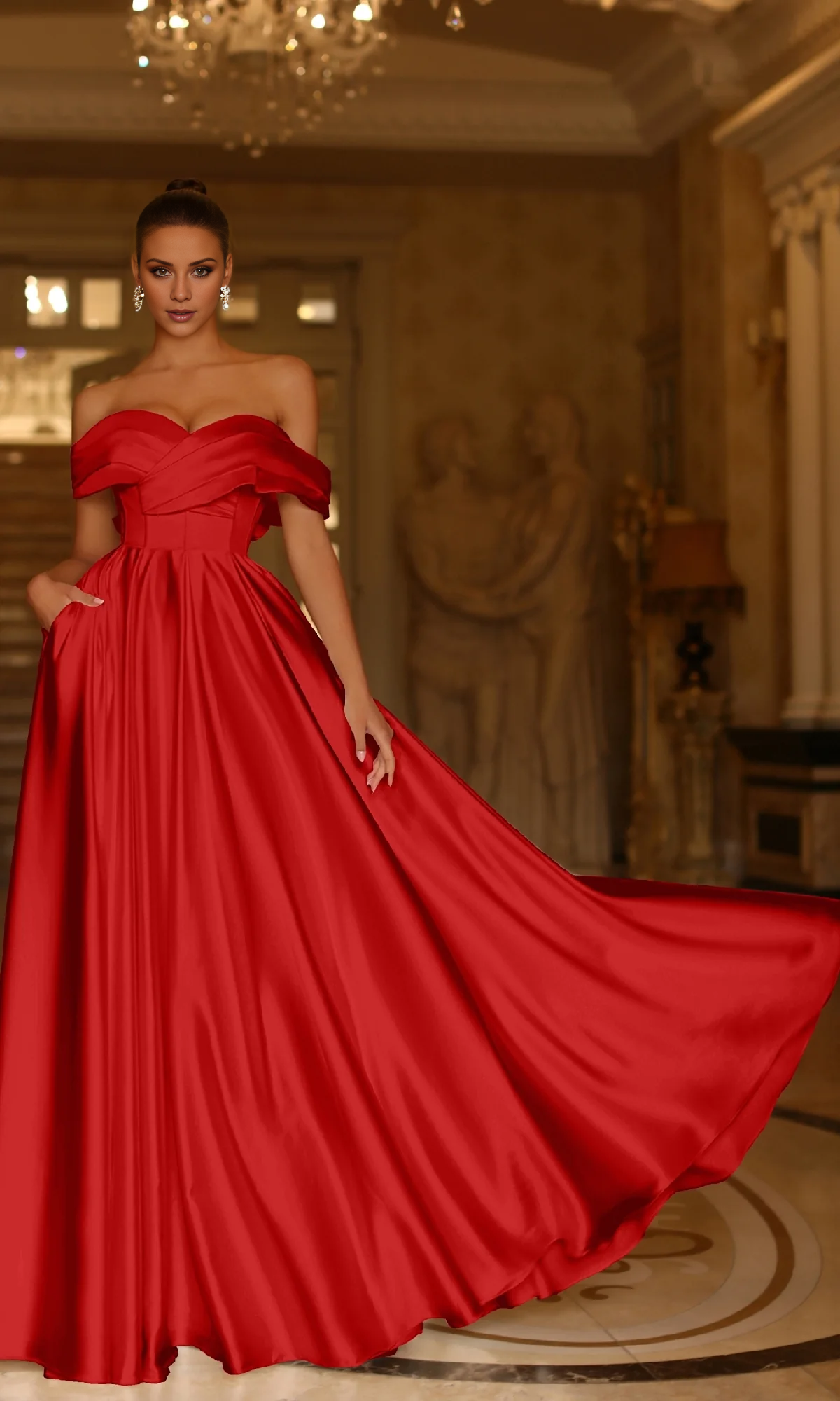 Jimiss A-line off shoulder pleated backless and floor length evening dress