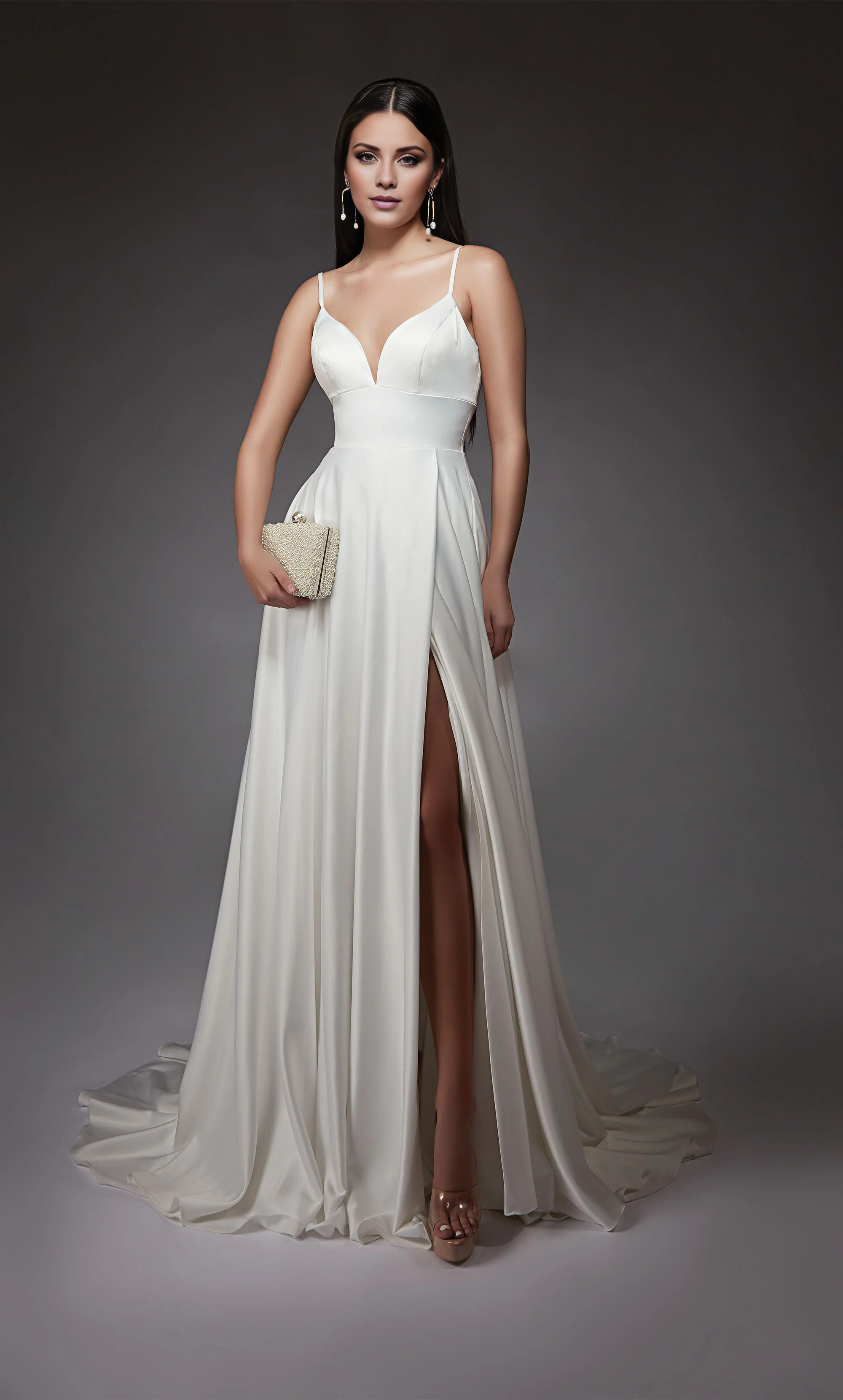 Perfect satin chicken neckline A-line slit satin button wedding dress