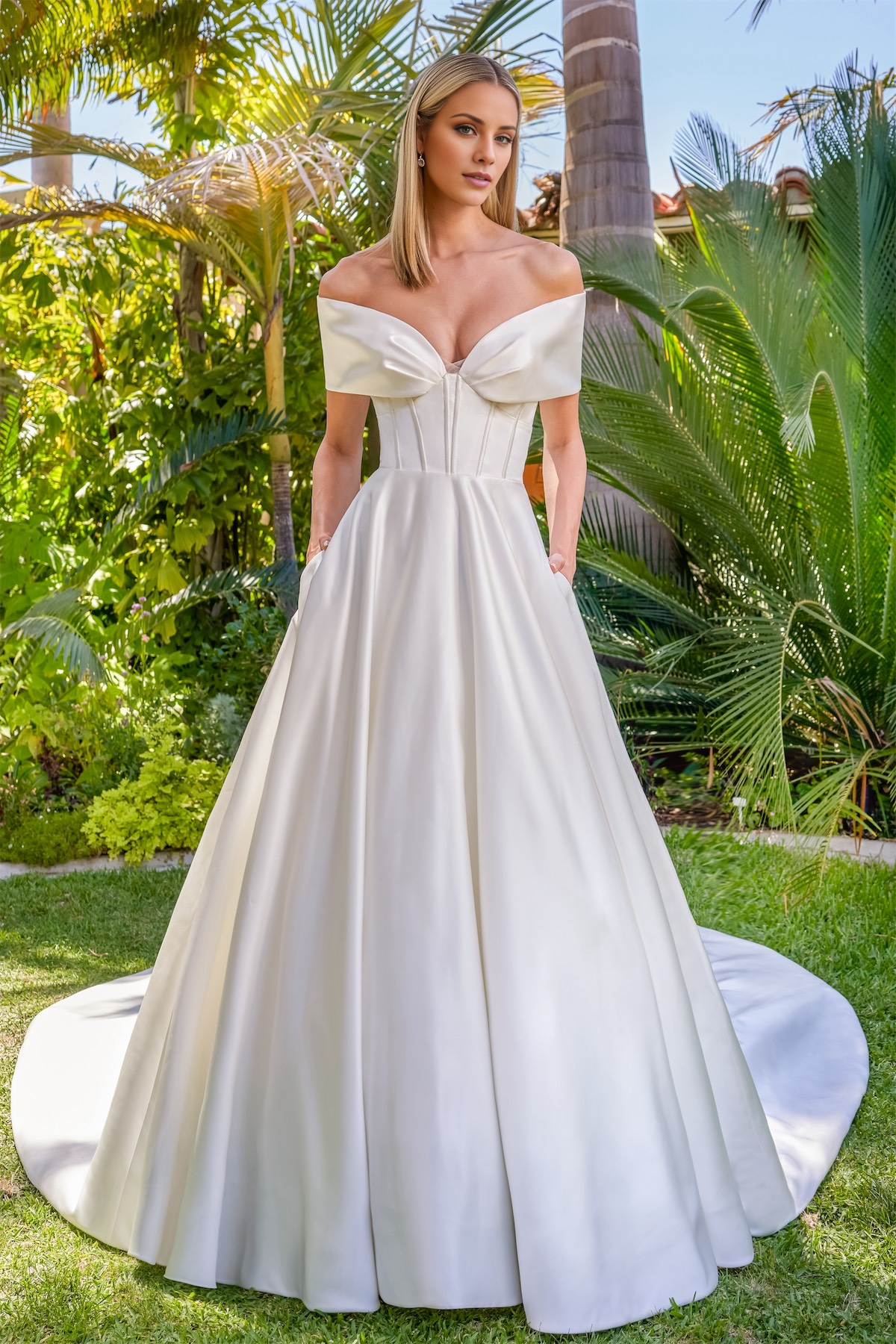 Satin off shoulder collar tight corset and floor length wedding dress