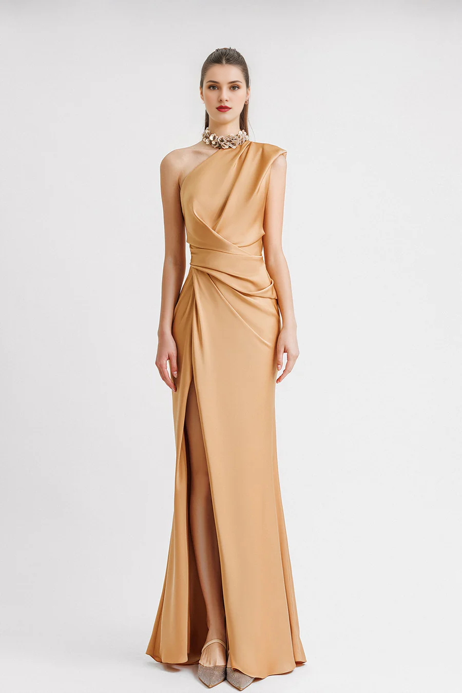 Tight/Column style Evening Dress Elegant Dress Formal and Floor length Sleeveless Single Shoulder Pocket Satin Decal Gowns Evening Dresses