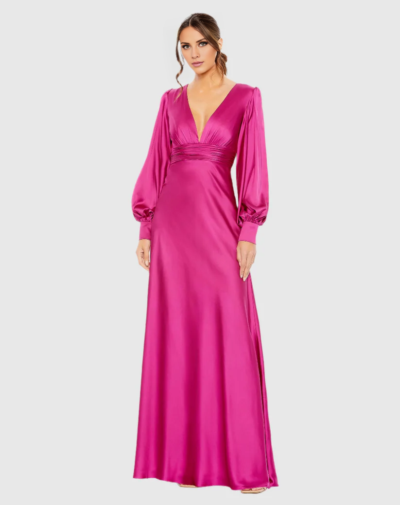 V-neck satin long sleeve floor-length evening dress