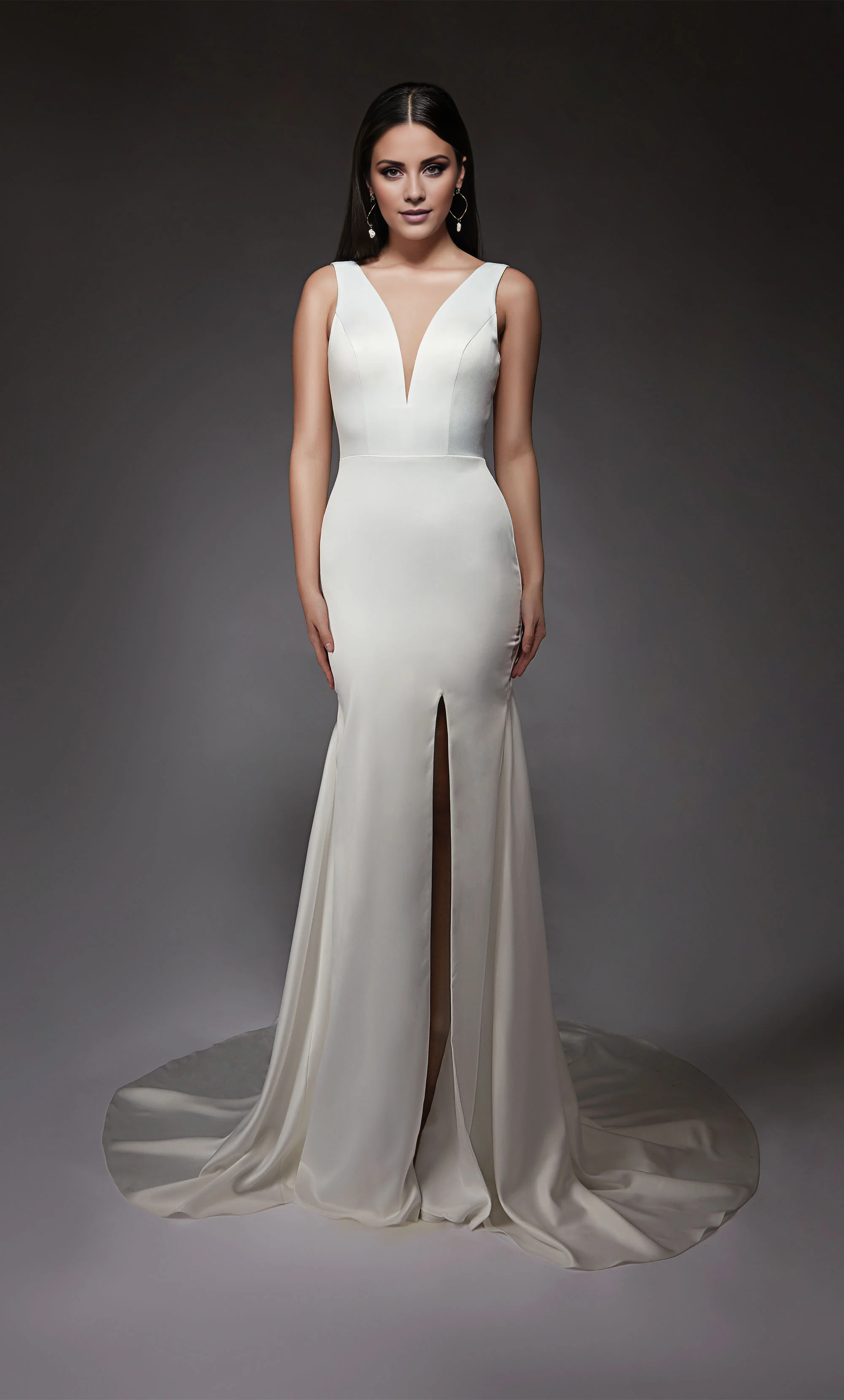 Perfect satin deep V-neck straight tube slit satin button wedding dress
