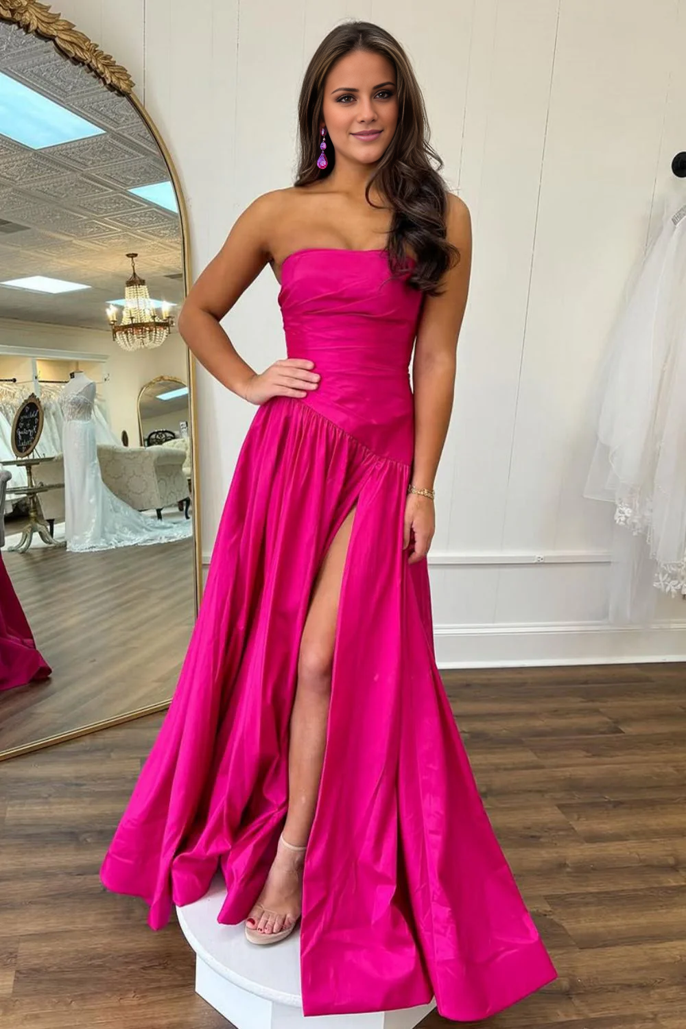 Jimiss minimalist A-line pink off shoulder long satin slit Prom dress